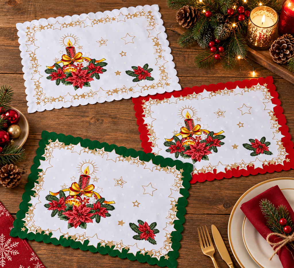 Polish Christmas Ornamental Poinsettia Rectangular Table Doily 13"x 17" (Red)