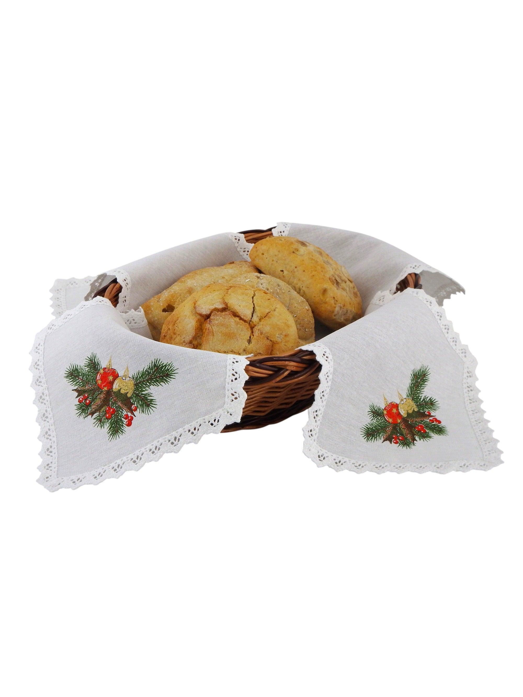 Polish Christmas Mistletoe Candles Bread Basket Liner Bun Warmer Doily