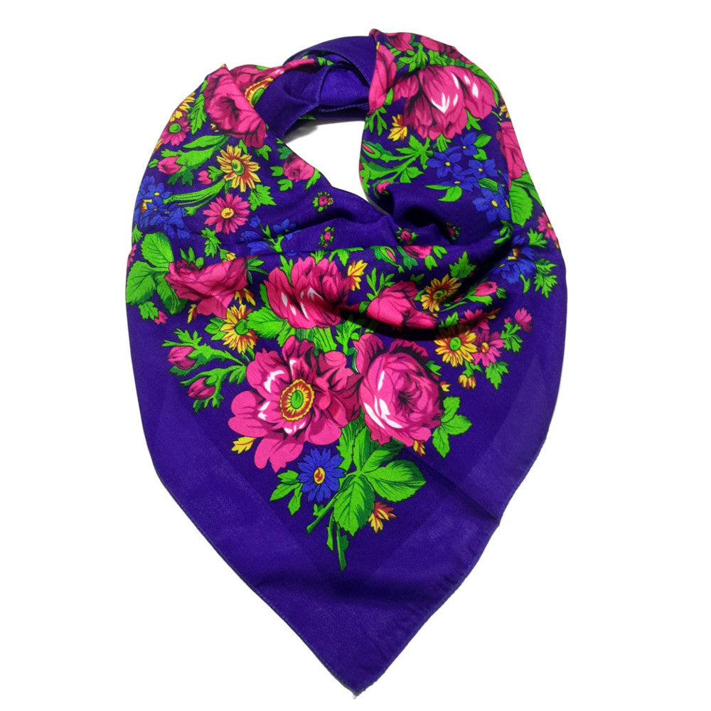 Traditional Polish Folk Head Scarf - Classy Floral Collection - Blue