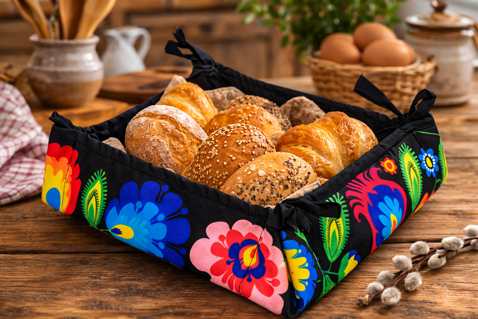 Polish Folk Art Foldable Bread Basket Holder, Lowicz Black