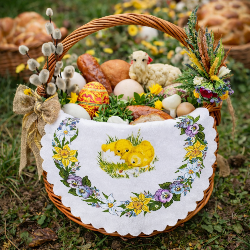 Polish Easter Chicks & Spring Flowers Doily