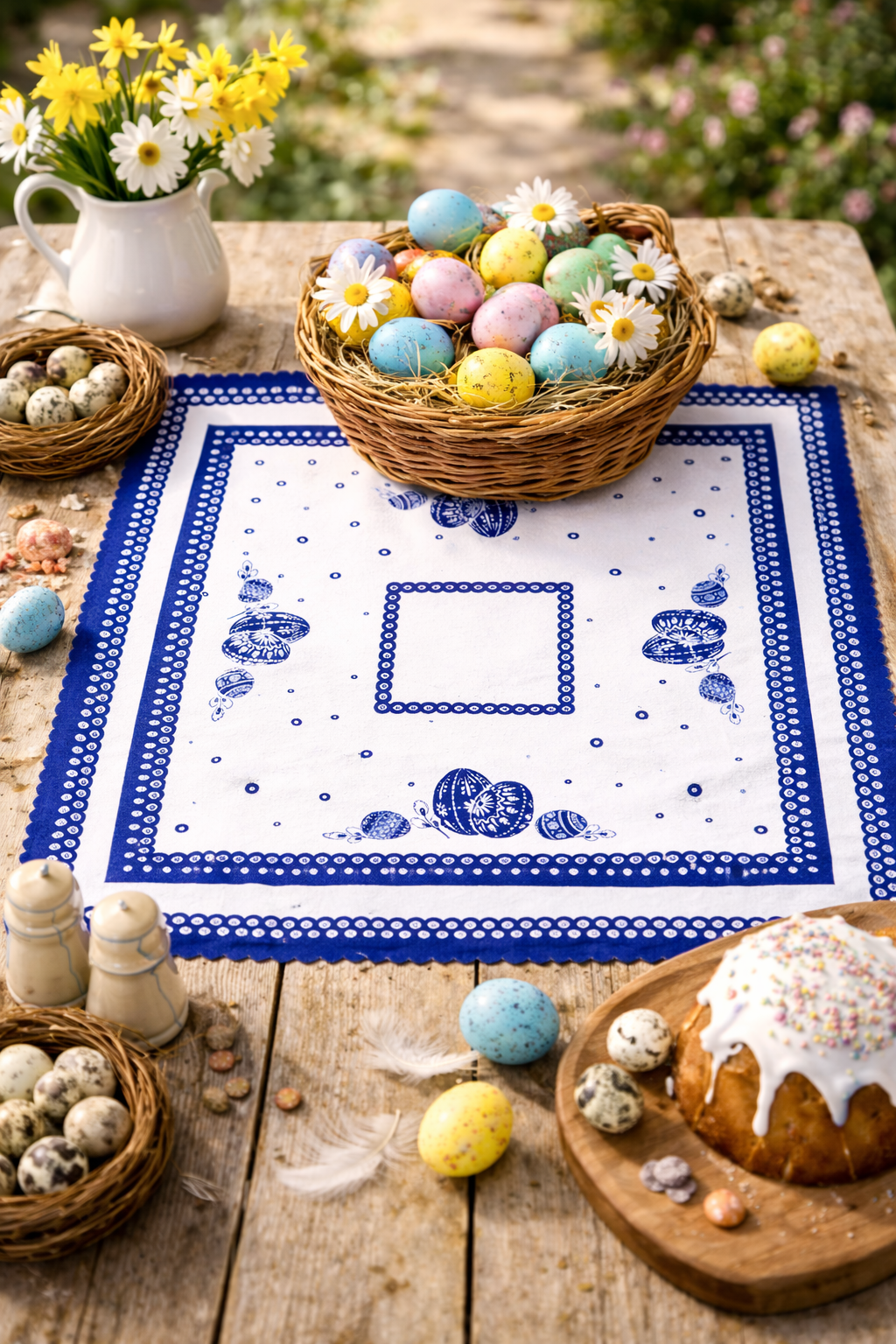 Blue Dot Polish Pottery Easter Eggs Table Square 33.5"x33.5"