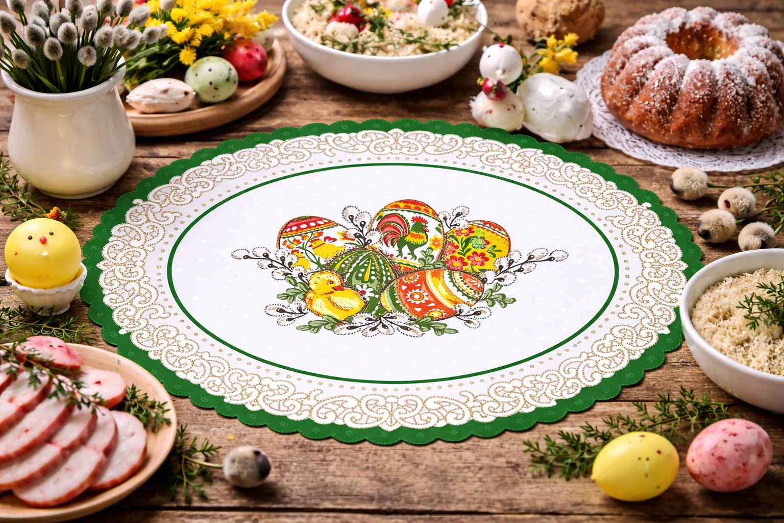 Polish Folk Easter Eggs with Chicks & Rooster Oval Doily 18.5"x12.5" (Green)