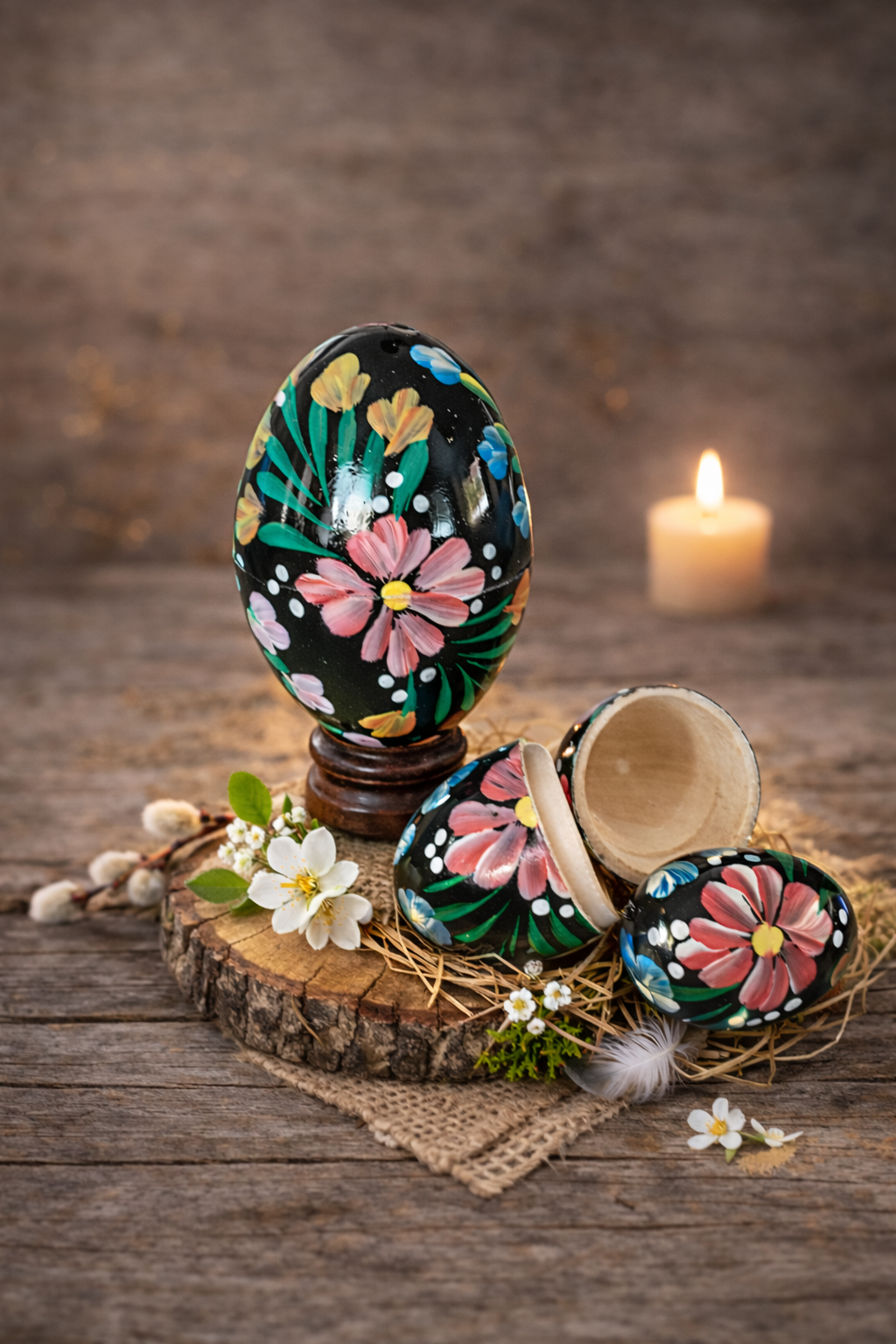 3 in 1 Polish Handpainted Nesting Wooden Eggs, 3.5" - Black