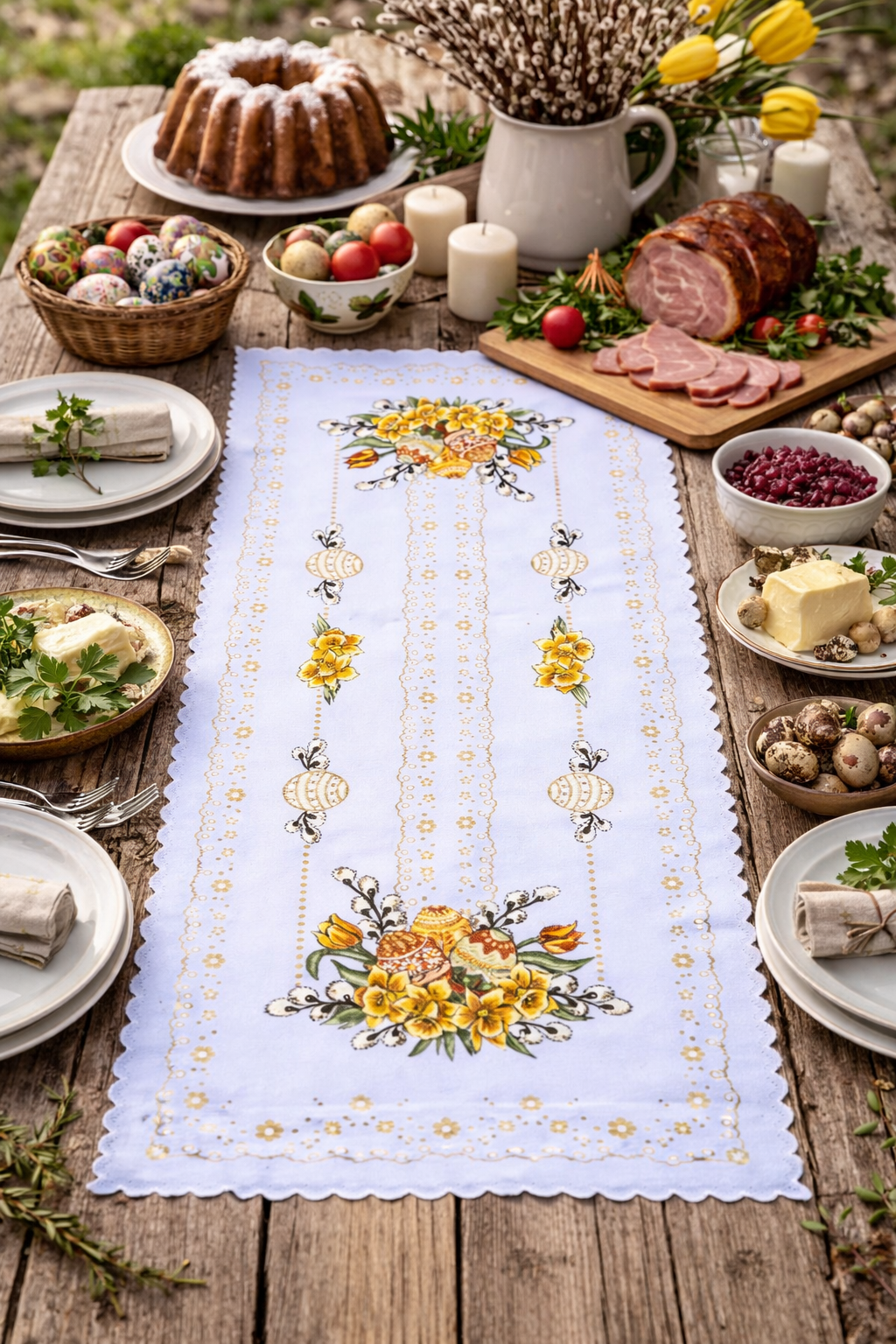 Polish Traditional Easter Eggs with Pussy Willows Table Runner 39"x20" (White)