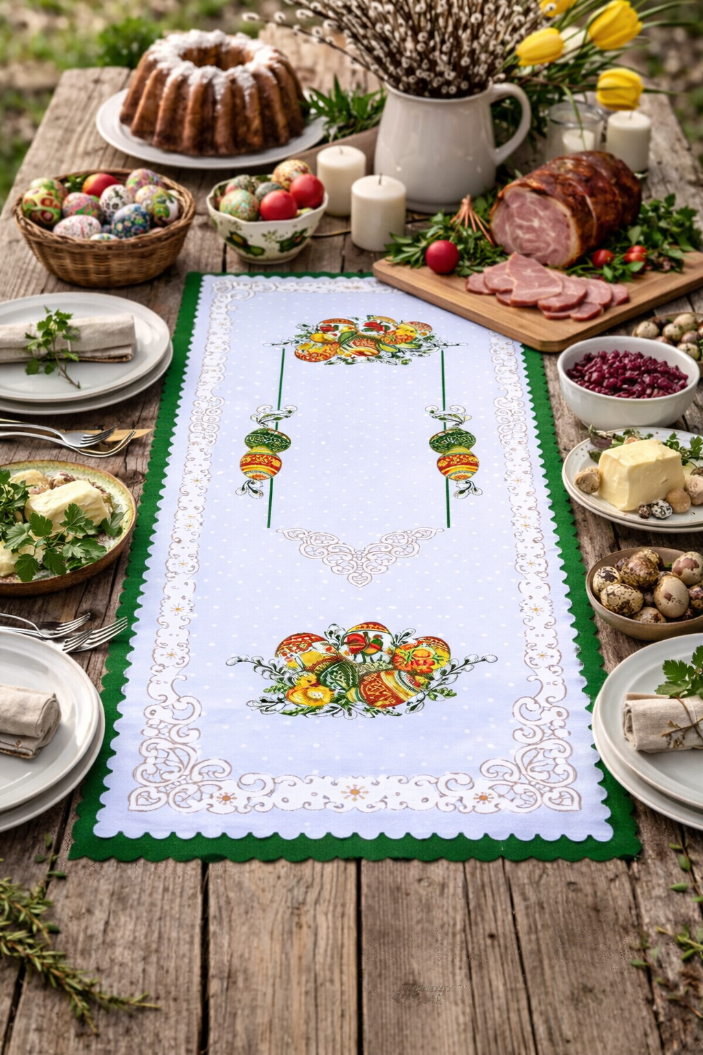 Polish Folk Easter Eggs with Chicks & Rooster Table Runner 39"x20" (Green)