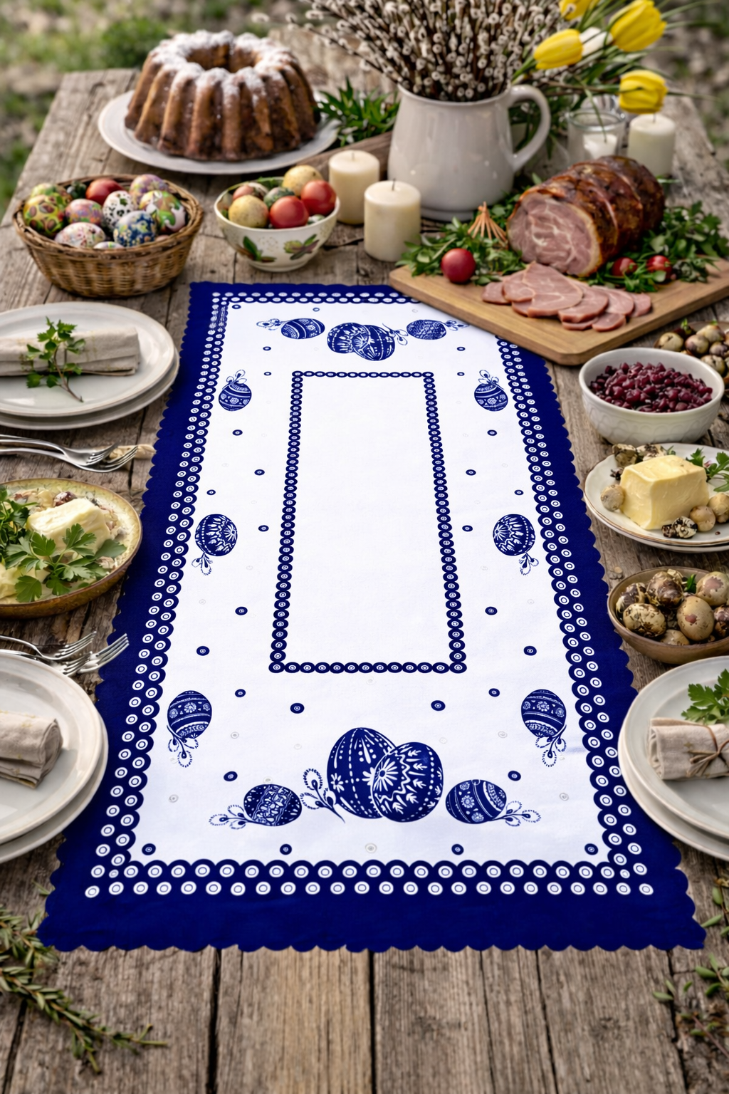 Blue Dot Polish Pottery Easter Eggs Table Runner 39"x20"