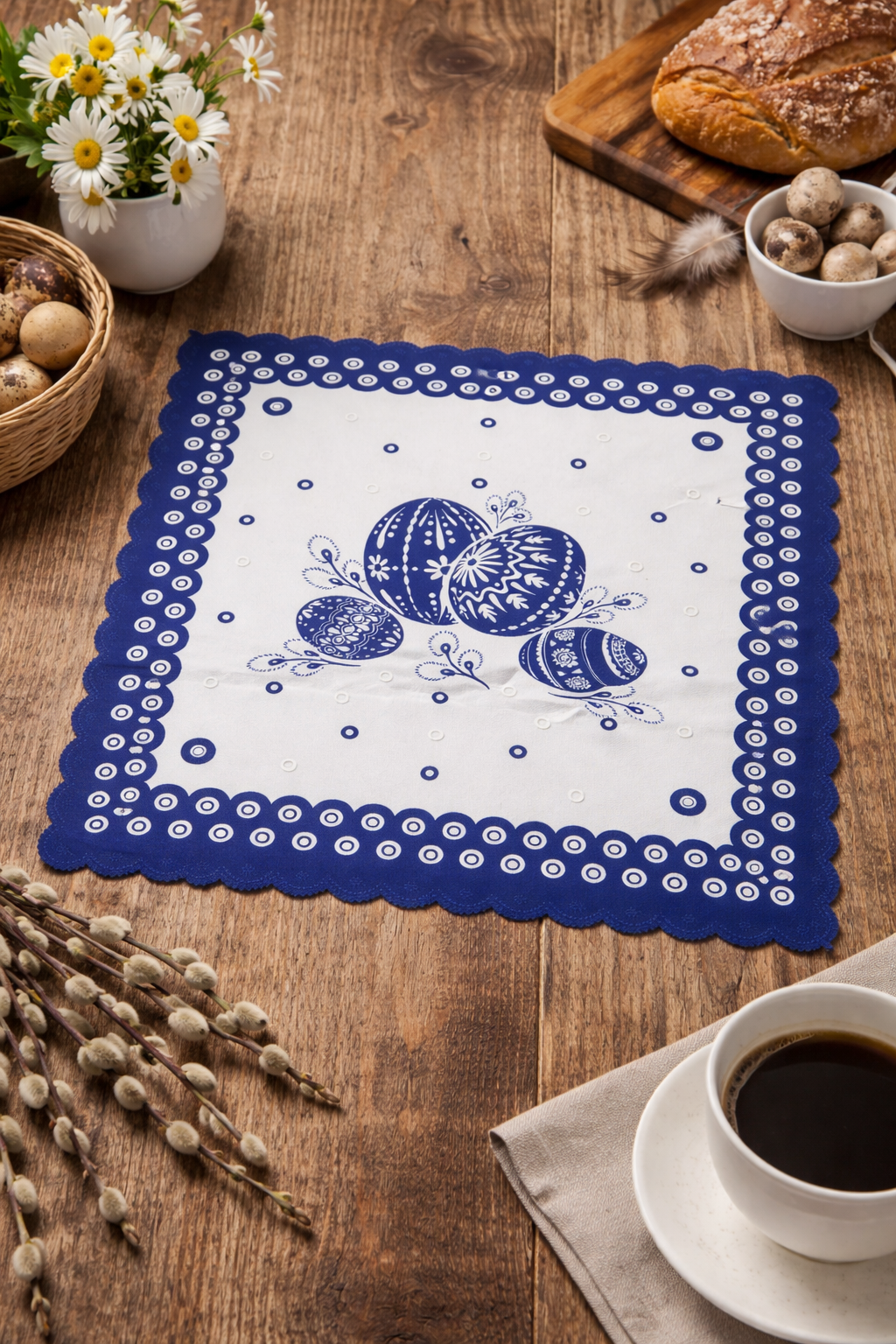 Blue Dot Polish Pottery Easter Eggs Square Doily with Scalloped Edges 13.5"