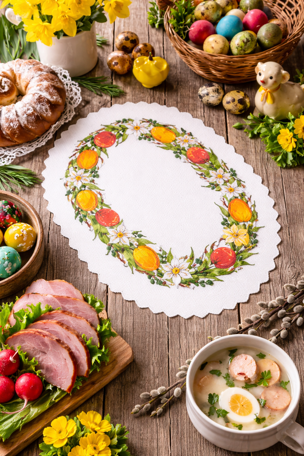 Set of 2 Polish Traditional Oval Easter Doily Basket Cover (Eggs & Tulips)