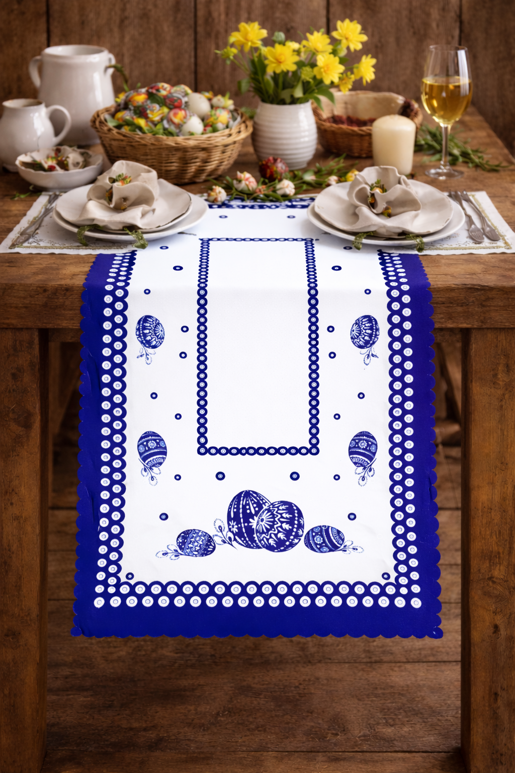 Blue Dot Polish Pottery Easter Eggs Table Runner 39"x20"