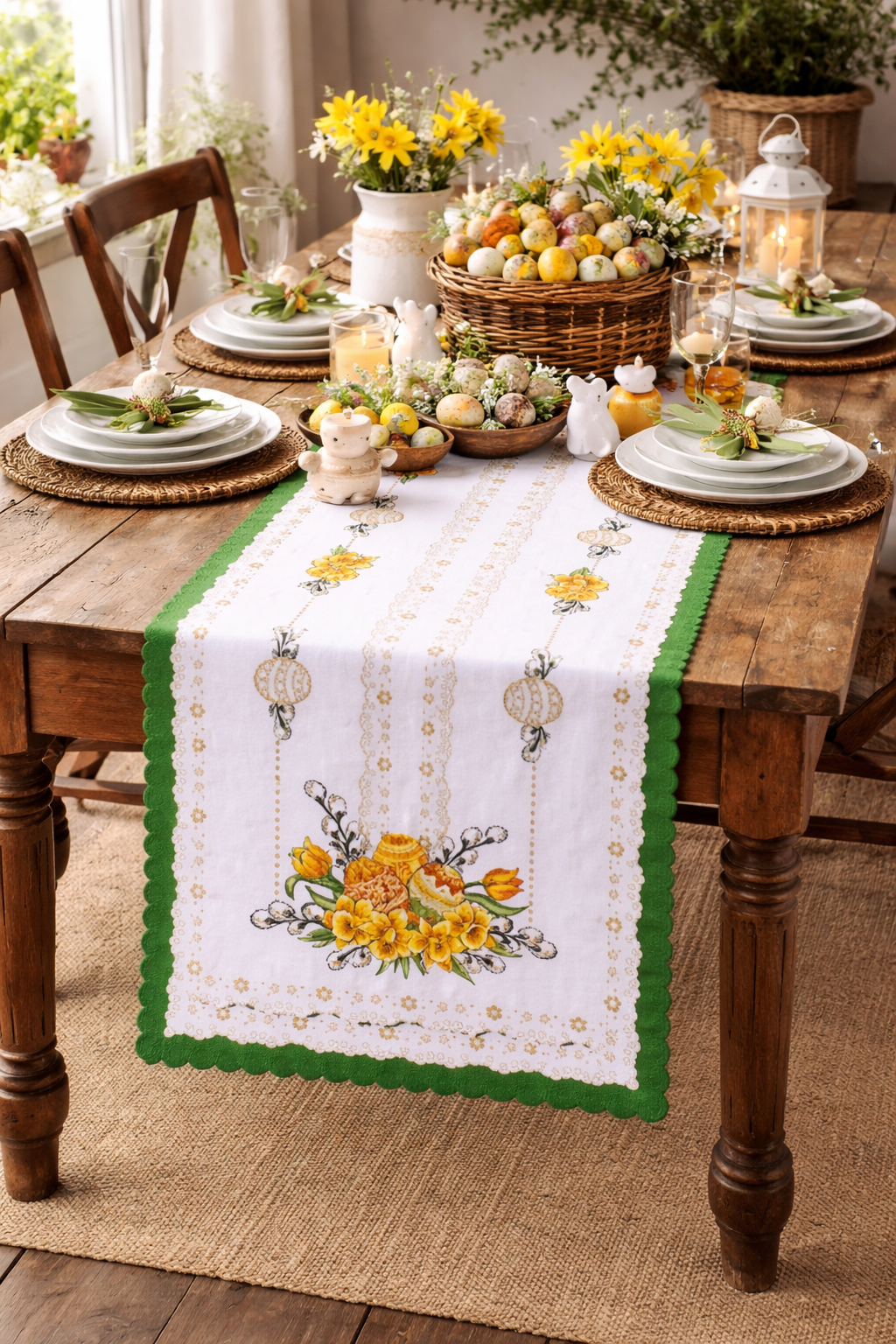Polish Traditional Easter Eggs with Pussy Willows Table Runner 39"x20" (Green)