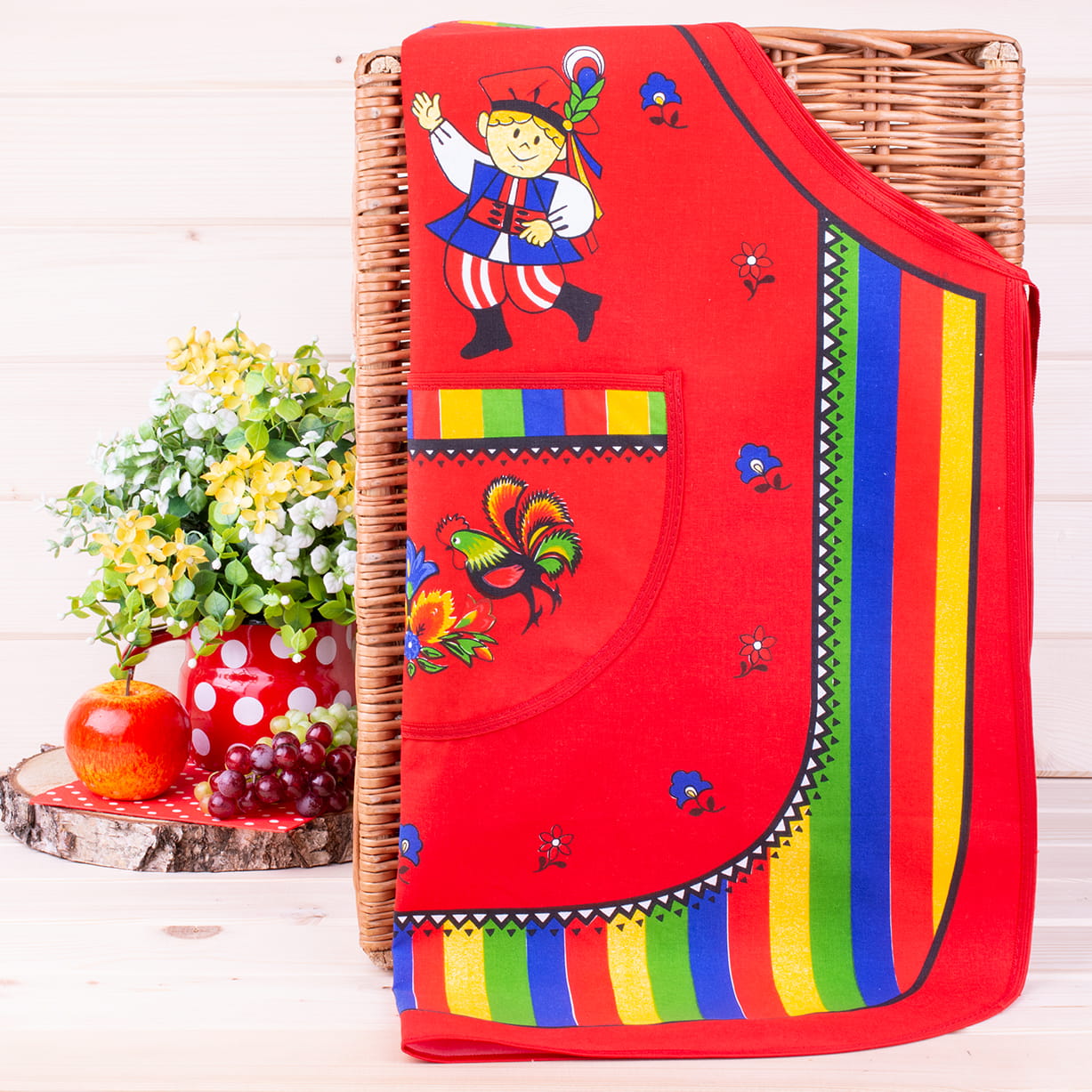 Polish Folk Art Krakow Dancers Lowicz Kitchen Apron (Red)