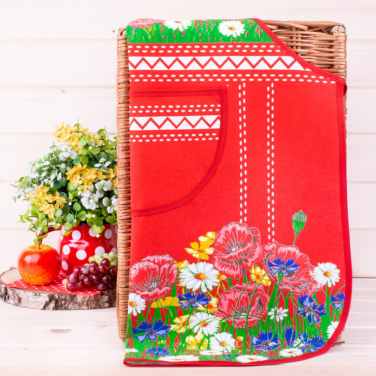 Polish Floral Kitchen Apron Poppies Wildflowers (Red)