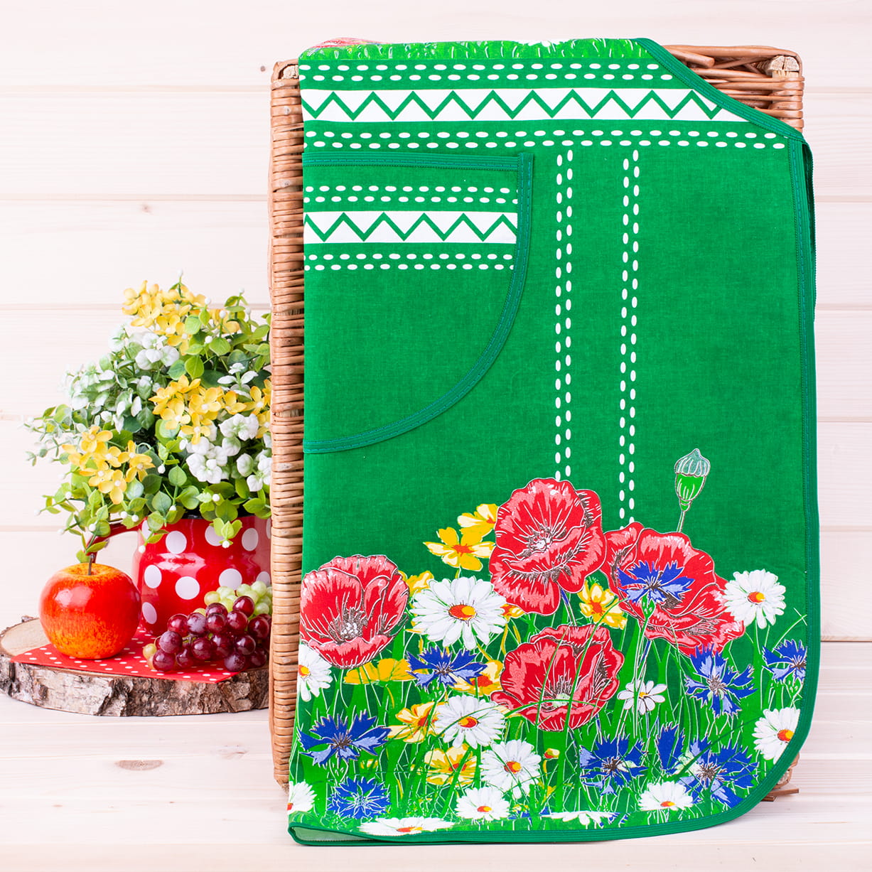 Polish Floral Kitchen Apron Poppies Wildflowers (Green)
