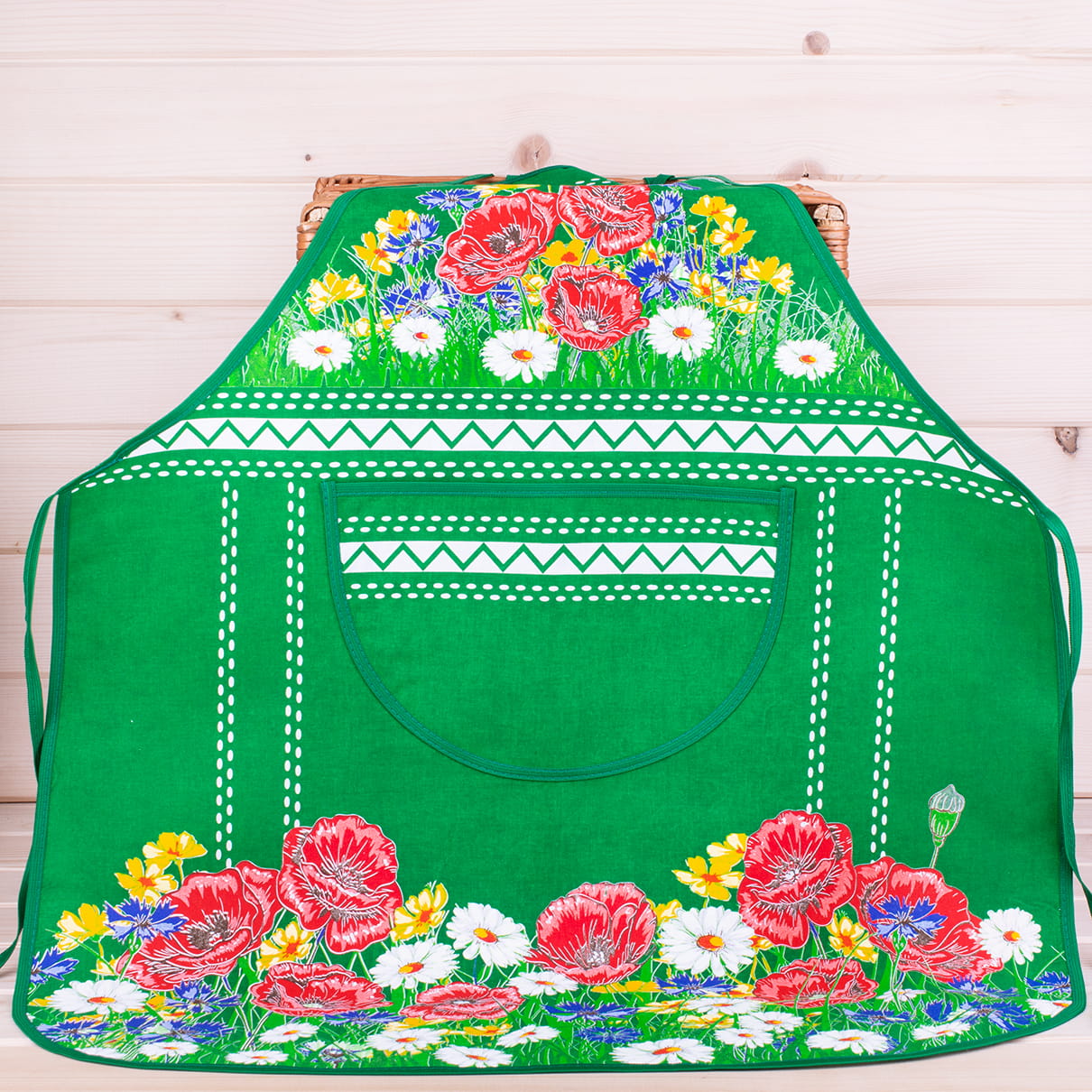 Polish Floral Kitchen Apron Poppies Wildflowers (Green)