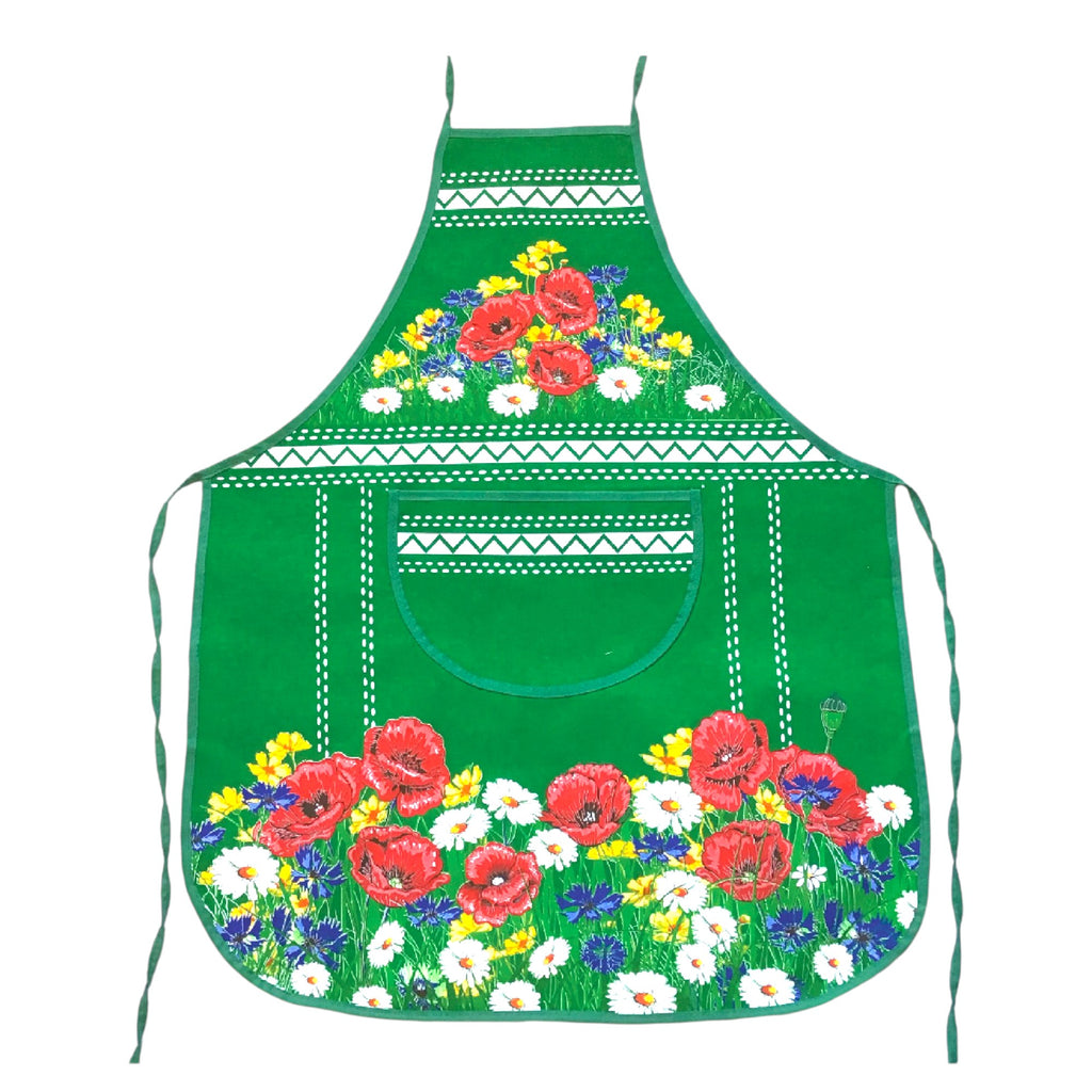 Polish Floral Kitchen Apron Poppies Wildflowers (Green)