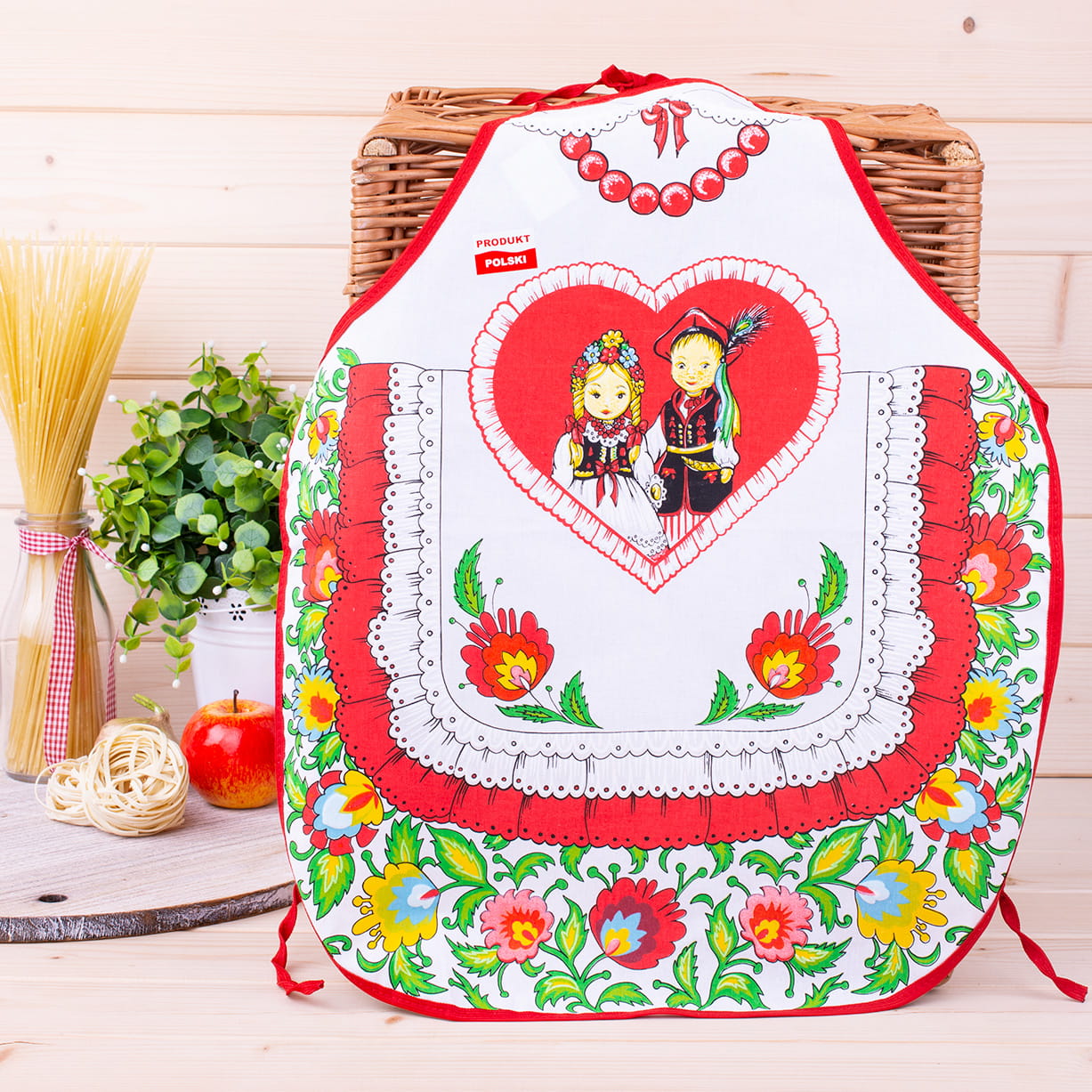 Polish Folk Art Lowicz Flowers Krakow Dancers Kids Kitchen Apron (White)
