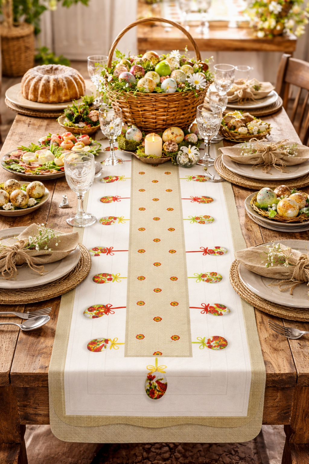 Polish Easter Egg Folk Art Table Runner Linen Topper 59" x 15.75"