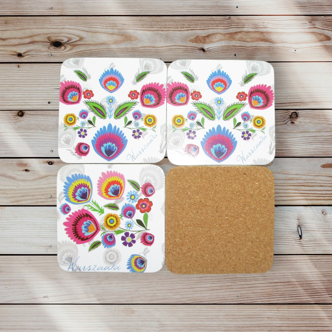 Polish Lowicz Folk Art Cork Coasters, Set of 4