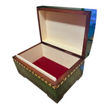 Polish Folk Floral Wooden Box with Brass Inlays, Green 6.2"x 4.2"x 3.75"
