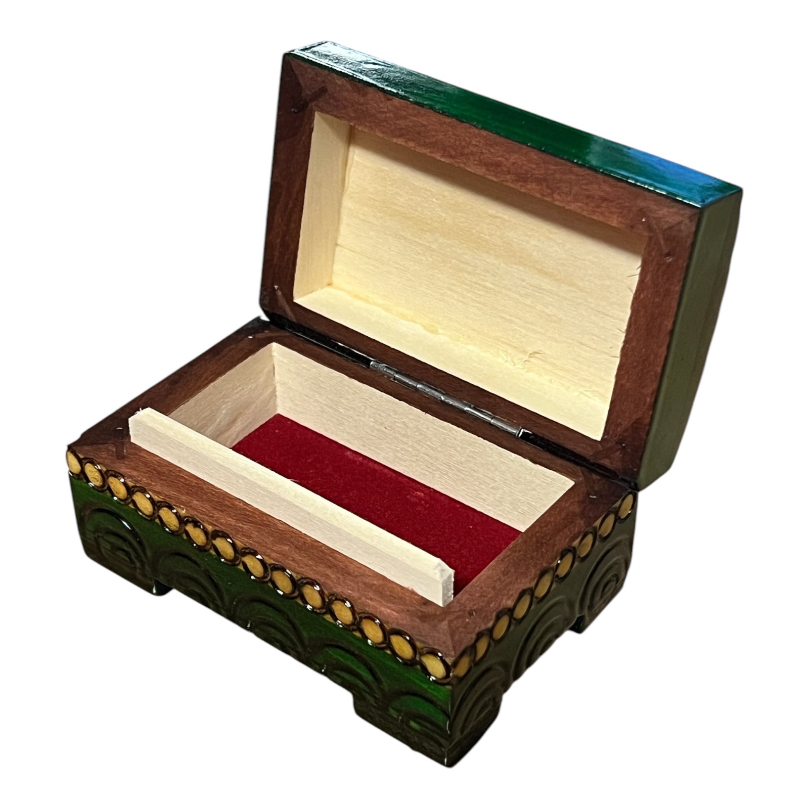 Polish Folk Floral Wooden Box with Brass Inlays, Green 3.5"x 2.2"x1.75"