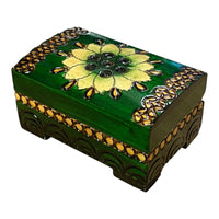 Polish Folk Floral Wooden Box with Brass Inlays, Green 3.5