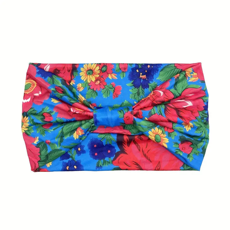 Polish Folk Floral Knotted Wide Elastic Headband (Blue)