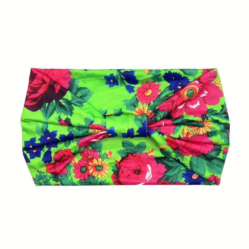 Polish Folk Floral Knotted Wide Elastic Headband (Light Green)