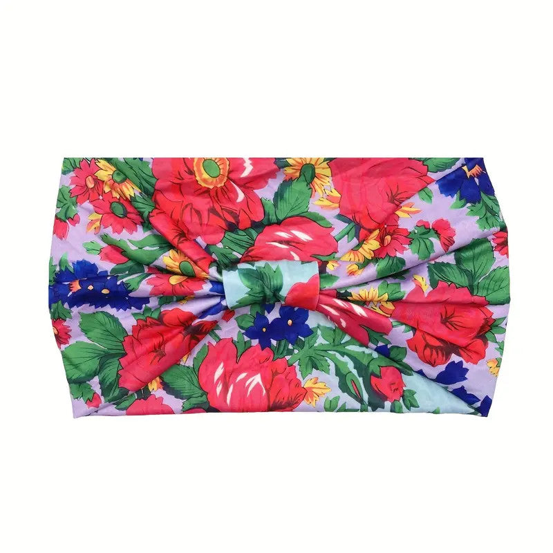 Polish Folk Floral Knotted Wide Elastic Headband (Light Purple/Teal)