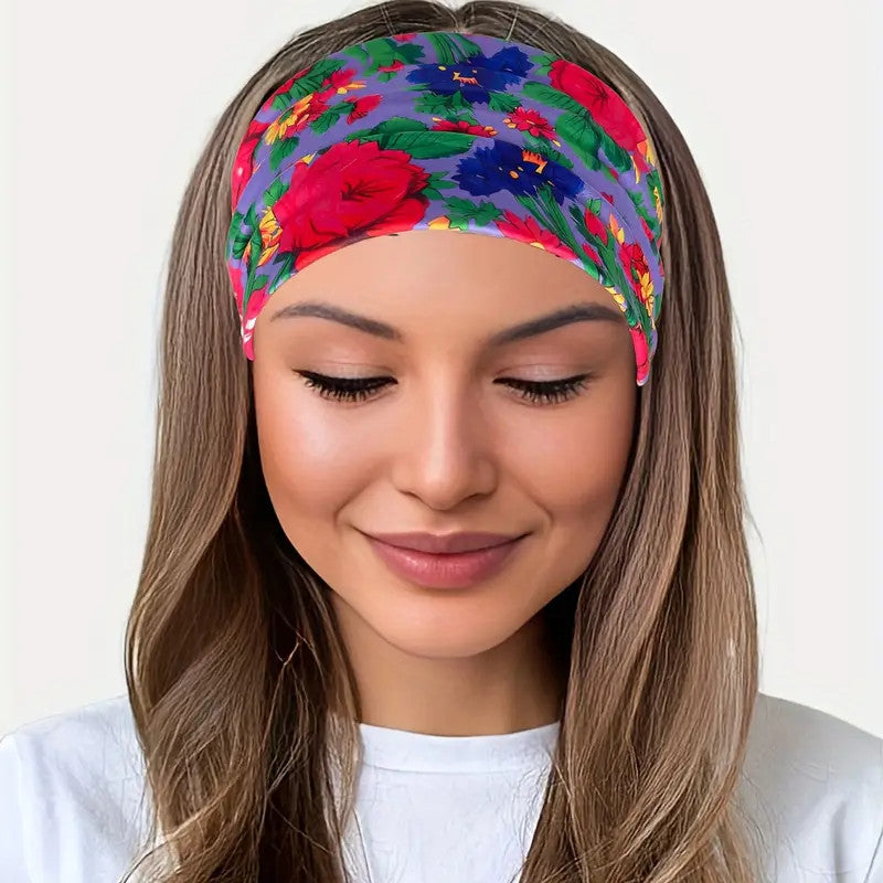 Polish Folk Floral Knotted Wide Elastic Headband (Purple)
