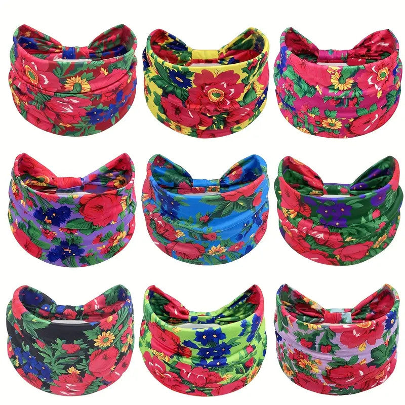 Polish Folk Floral Knotted Wide Elastic Headband (Blue)