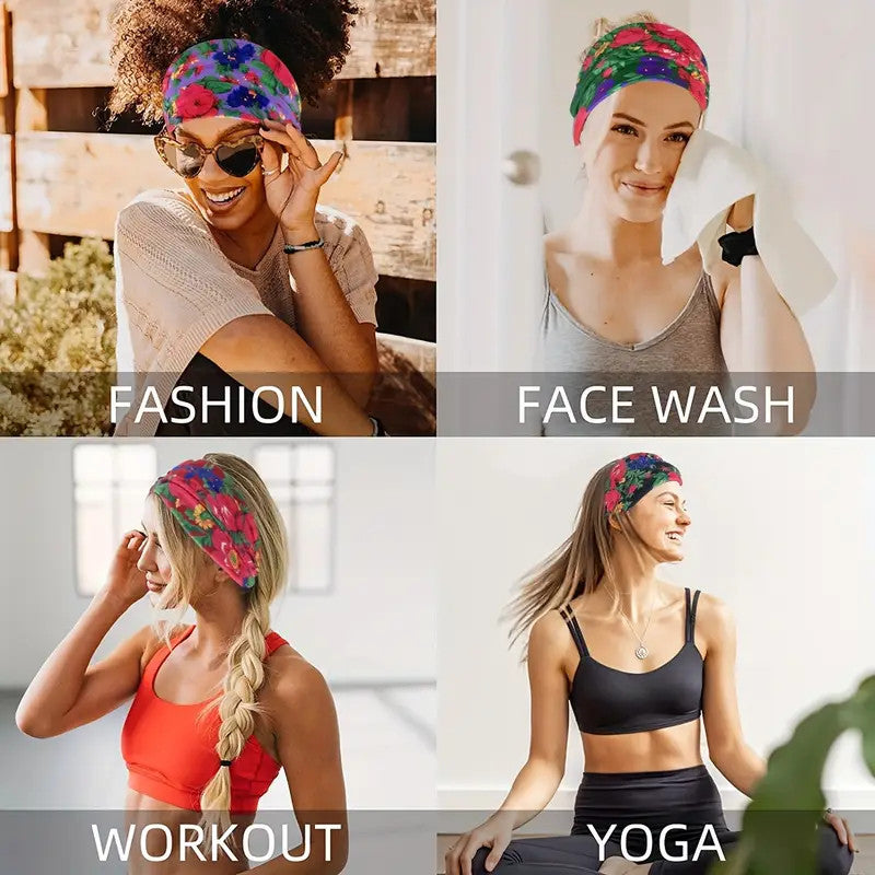 Polish Folk Floral Knotted Wide Elastic Headband (Yellow)