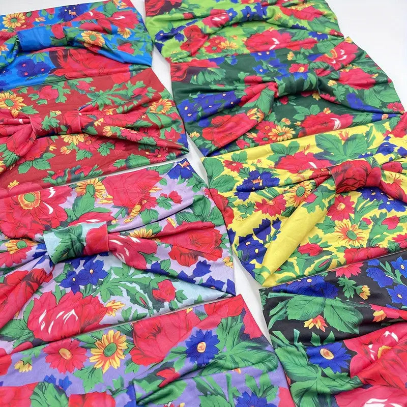 Polish Folk Floral Knotted Wide Elastic Headband (Blue)