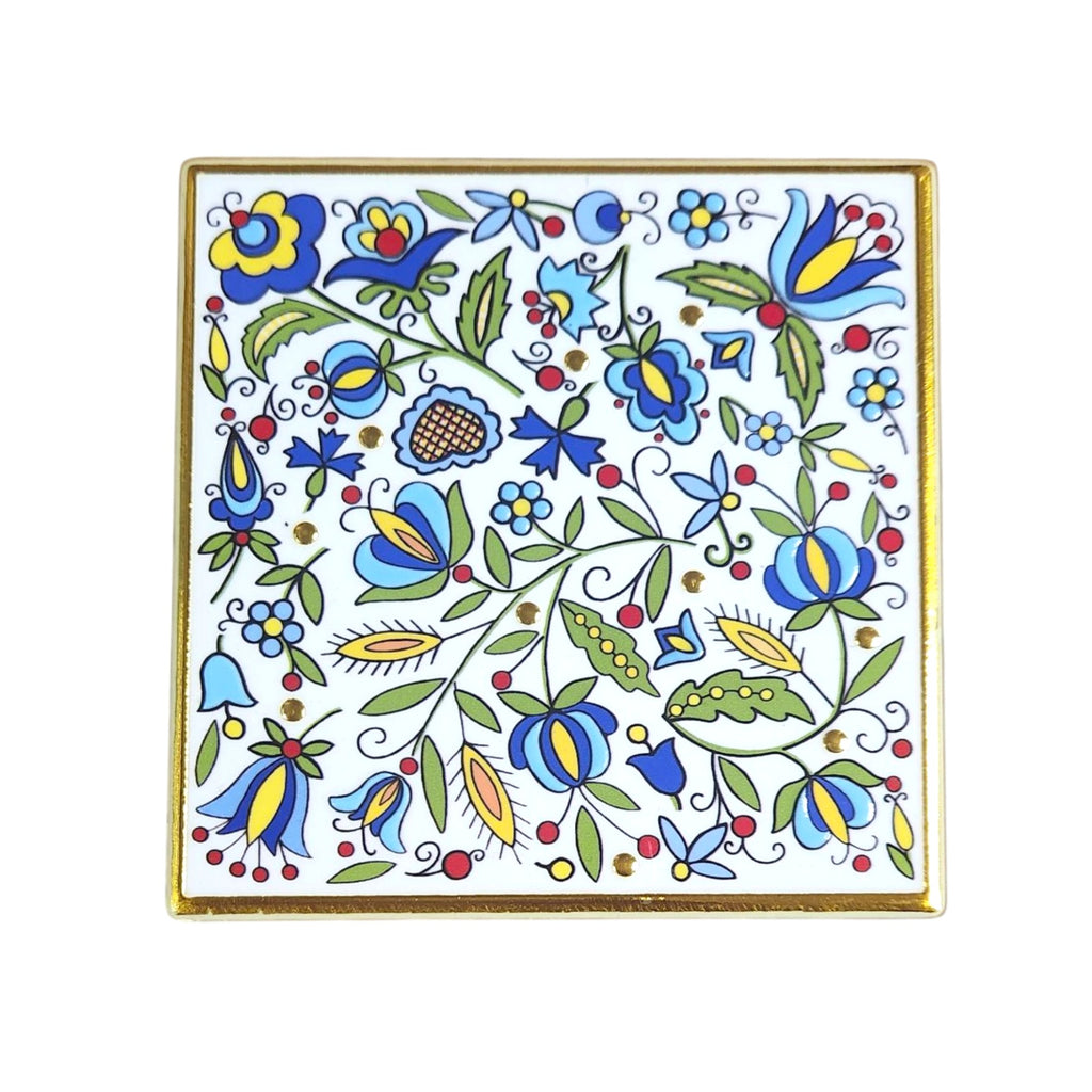Polish Kashubian Folk Art Ceramic Cork Coaster, Square Blue