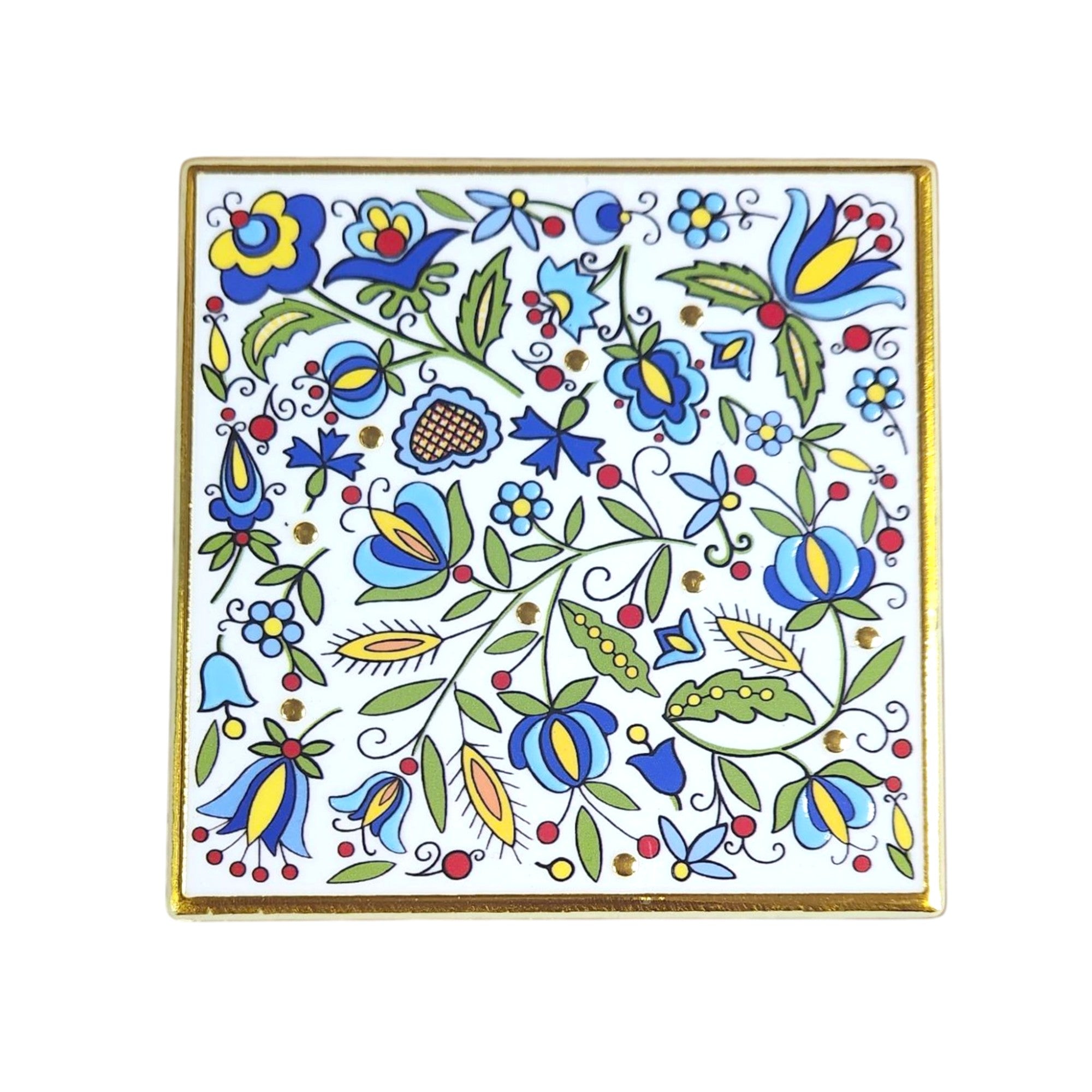 Polish Kashubian Folk Art Ceramic Cork Coaster, Square Blue