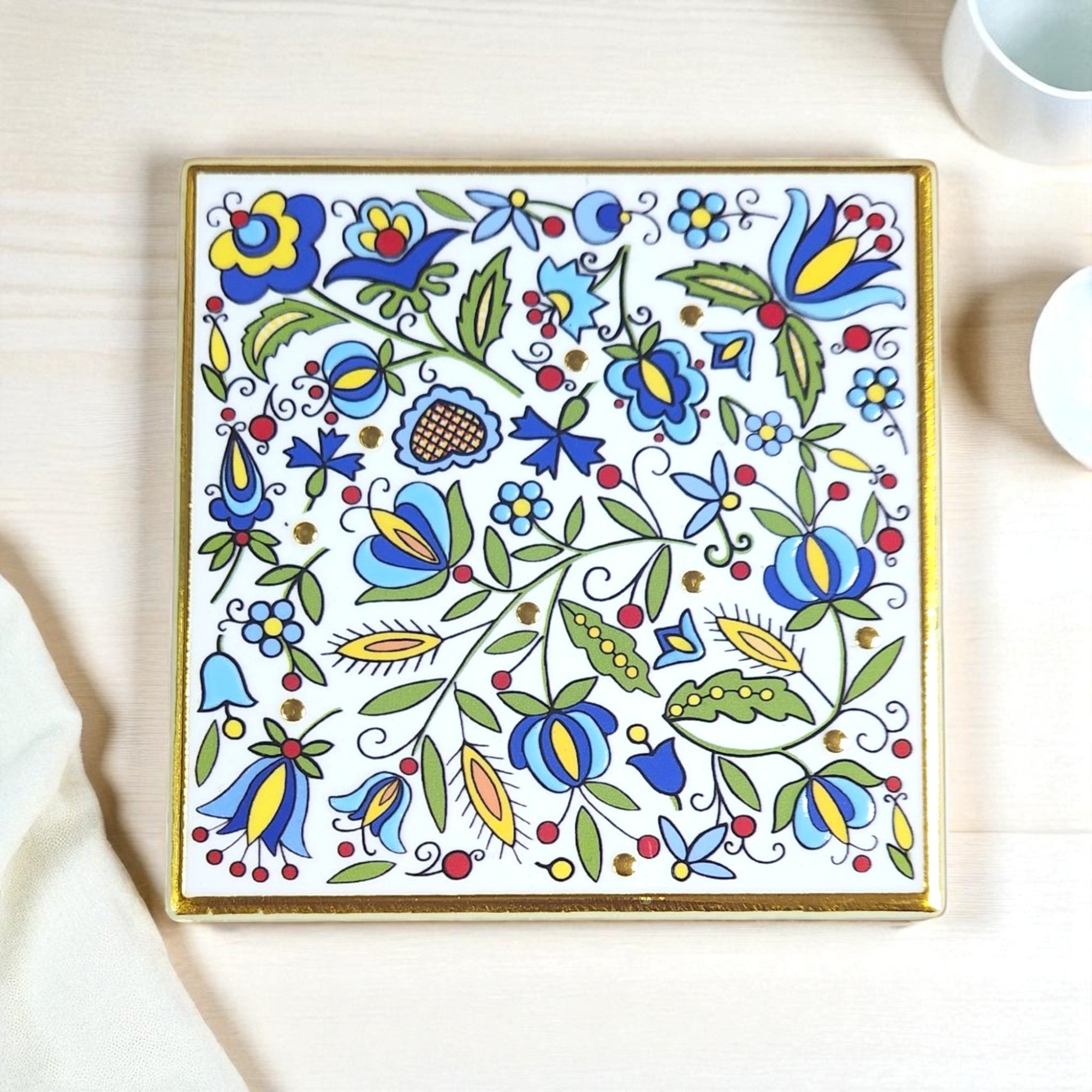 Polish Kashubian Folk Art Ceramic Cork Coaster, Square Blue