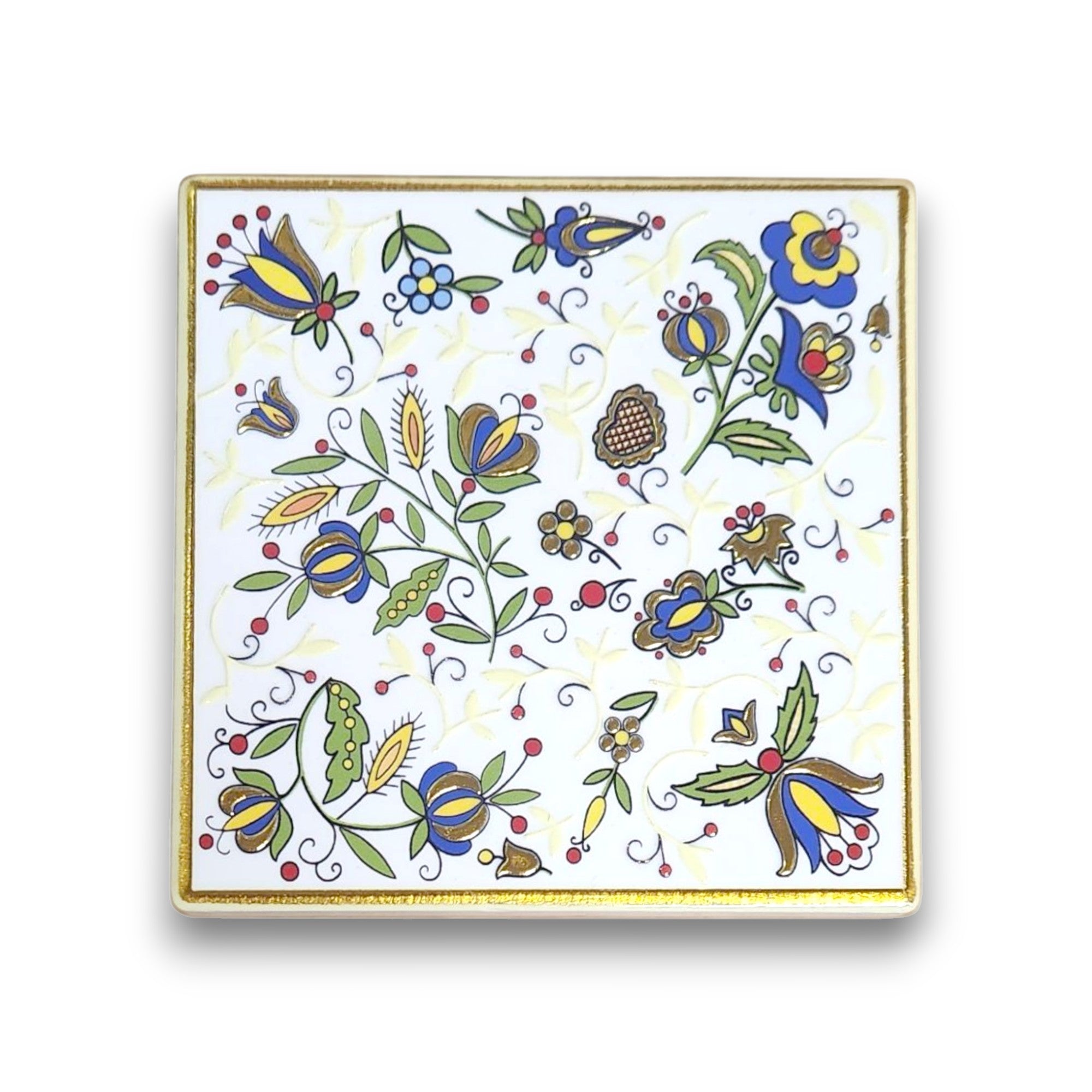 Polish Kashubian Folk Art Ceramic Cork Coaster, Square White