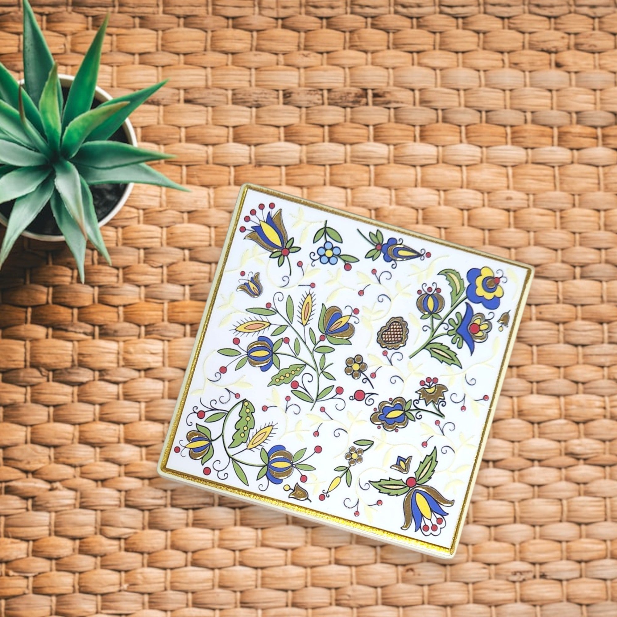 Polish Kashubian Folk Art Ceramic Cork Coaster, Square White