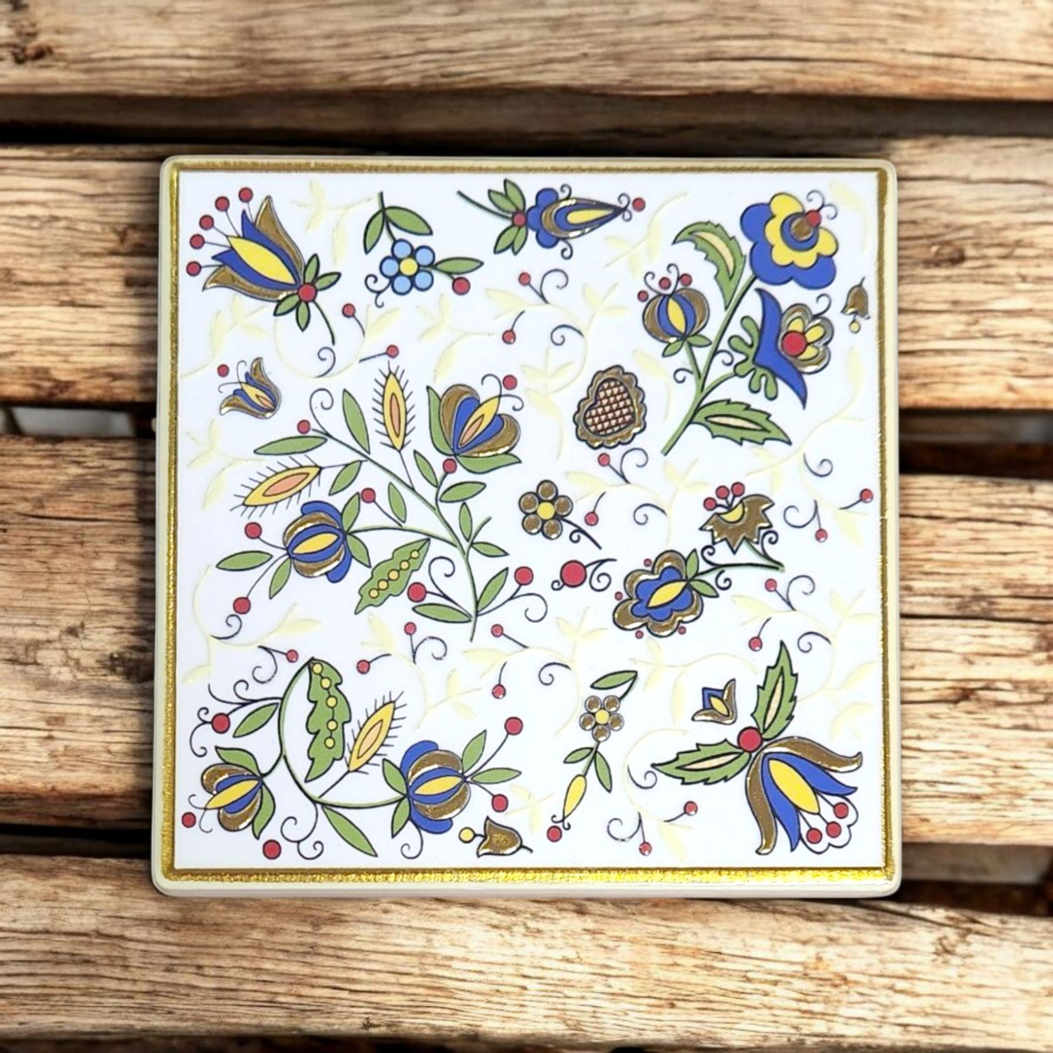 Polish Kashubian Folk Art Ceramic Cork Coaster, Square White