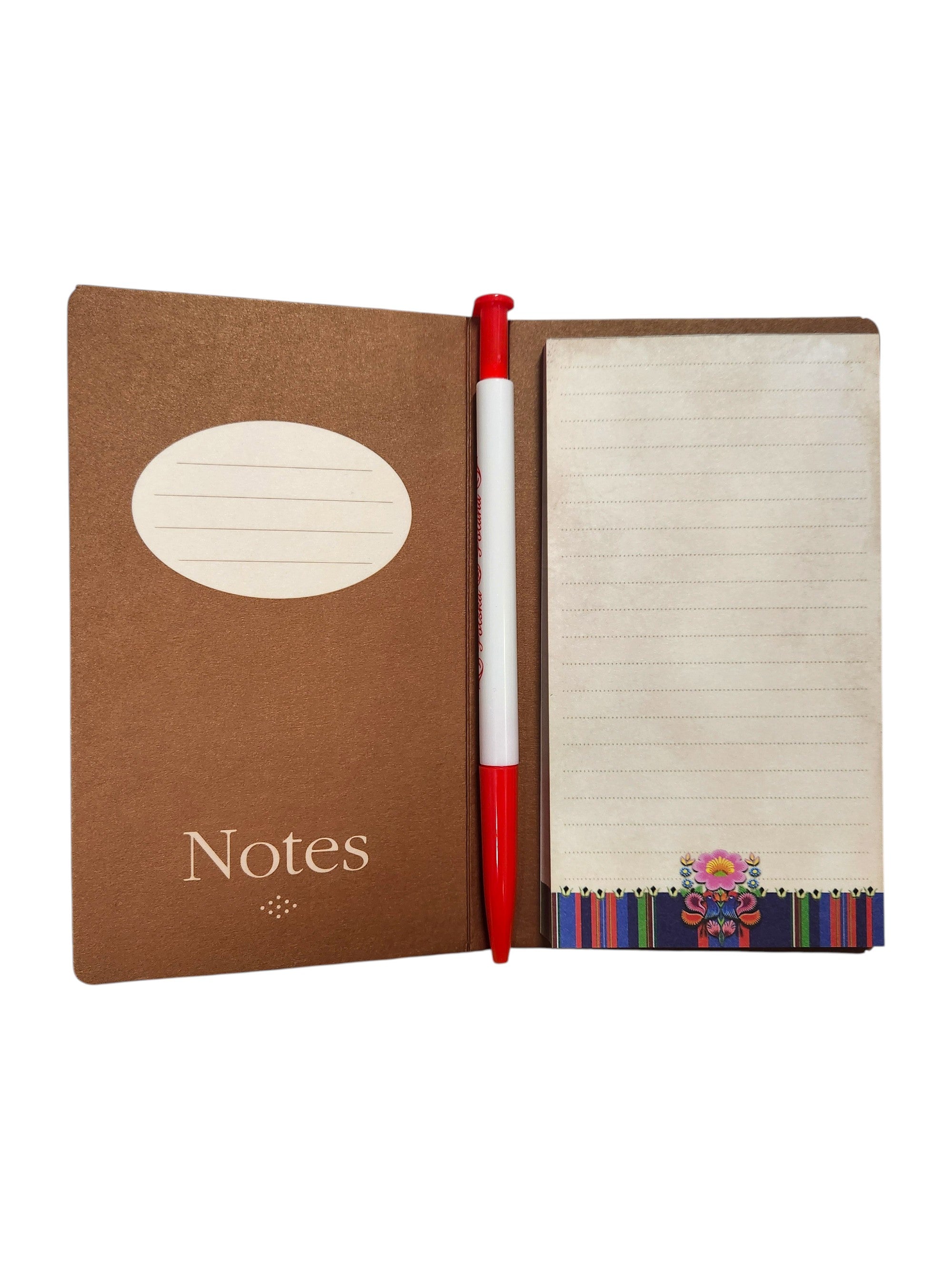 Polish Folk Art Notepad with Pen (Blue Roosters)