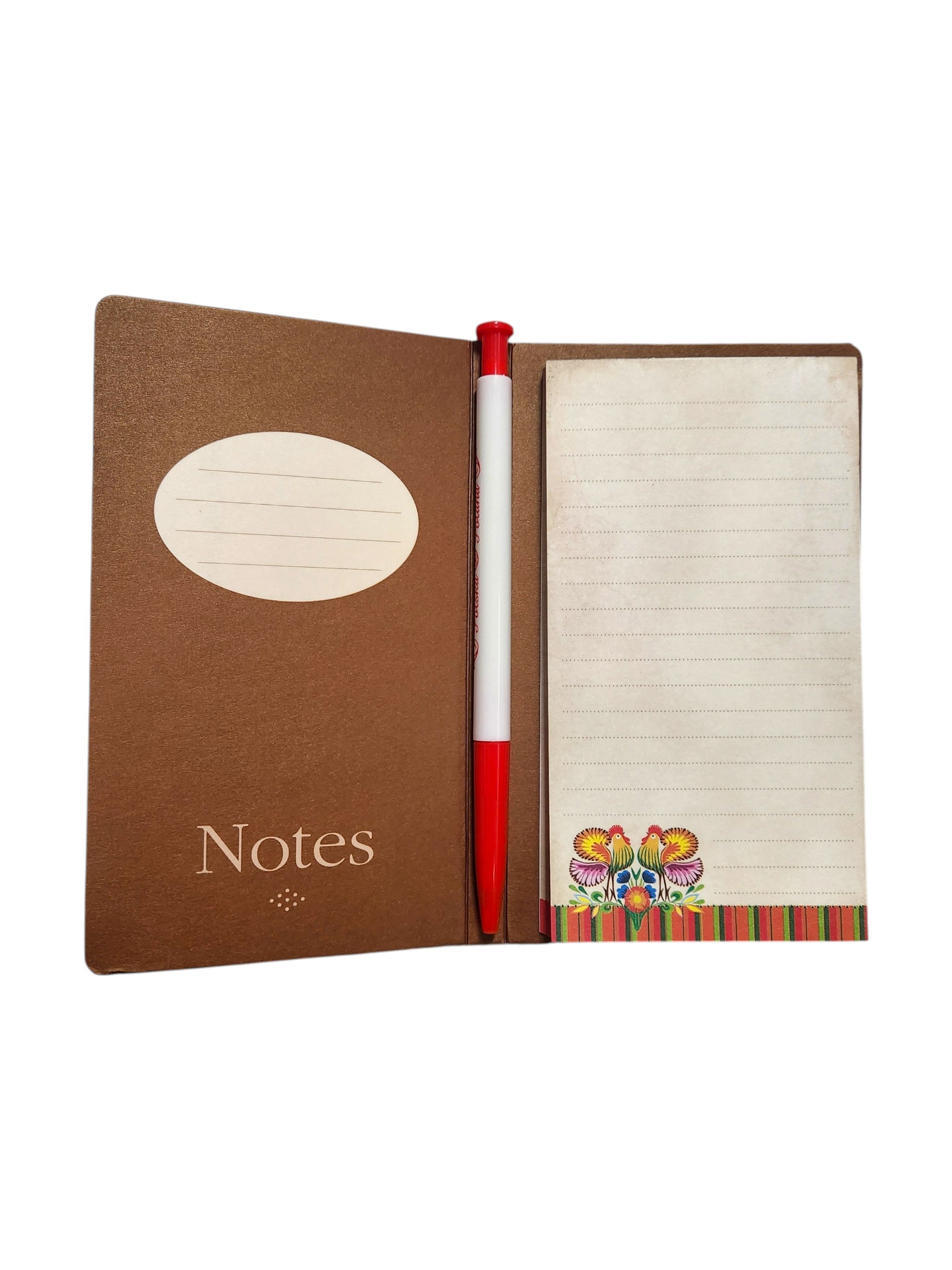 Polish Folk Art Notepad with Pen (Red Roosters)