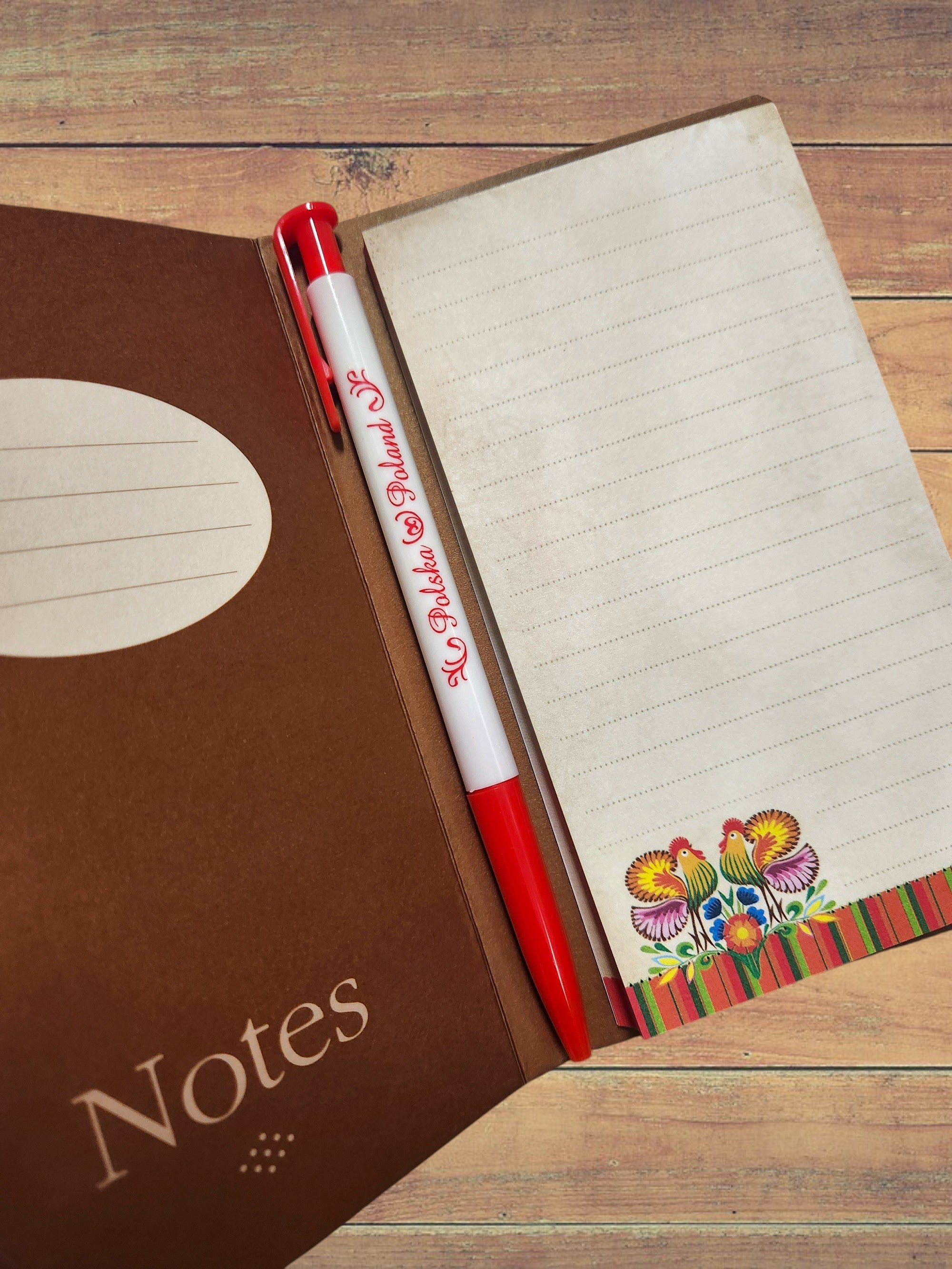 Polish Folk Art Notepad with Pen (Red Roosters)