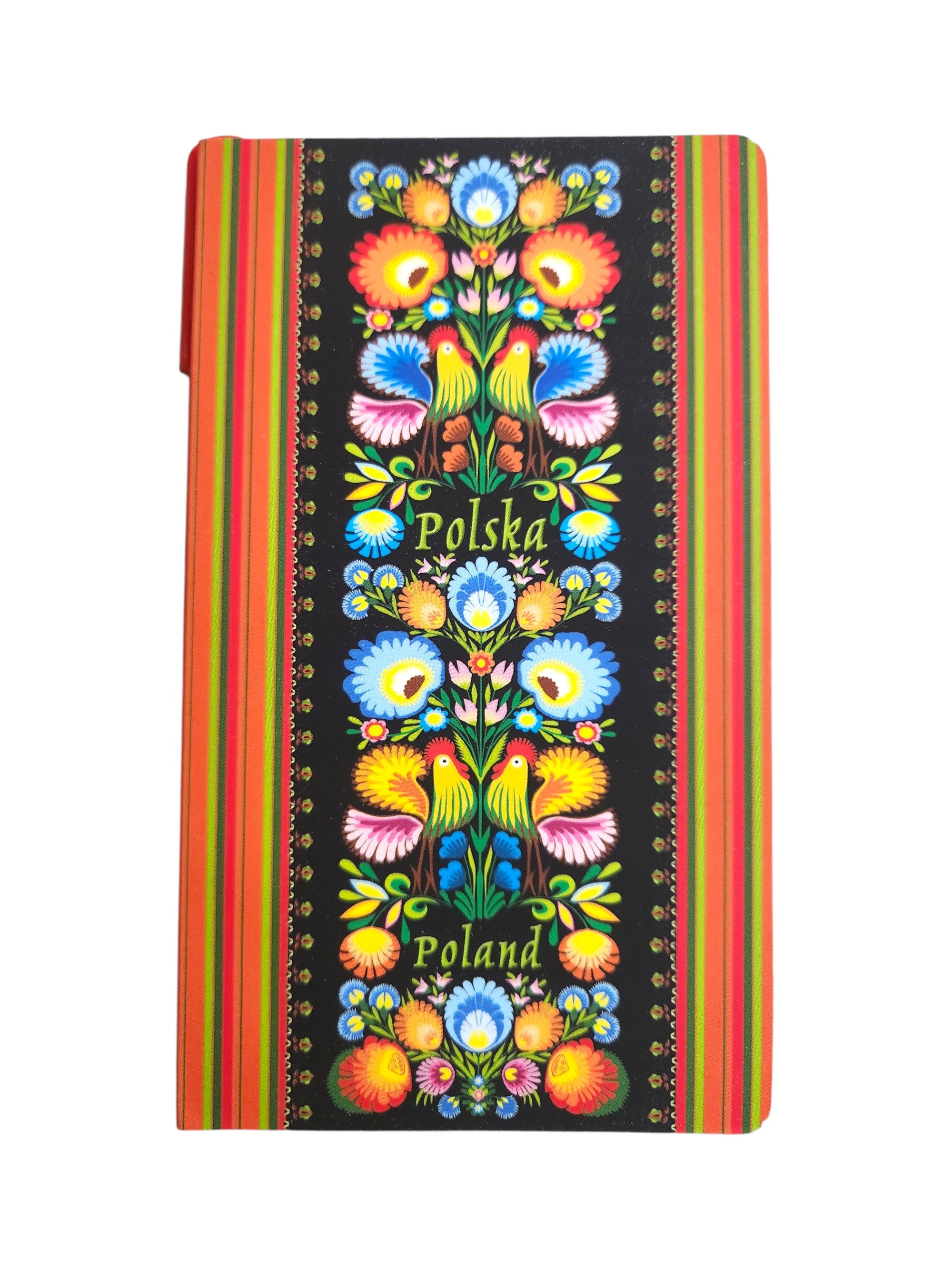 Polish Folk Art Notepad with Pen (Roosters Stripes)