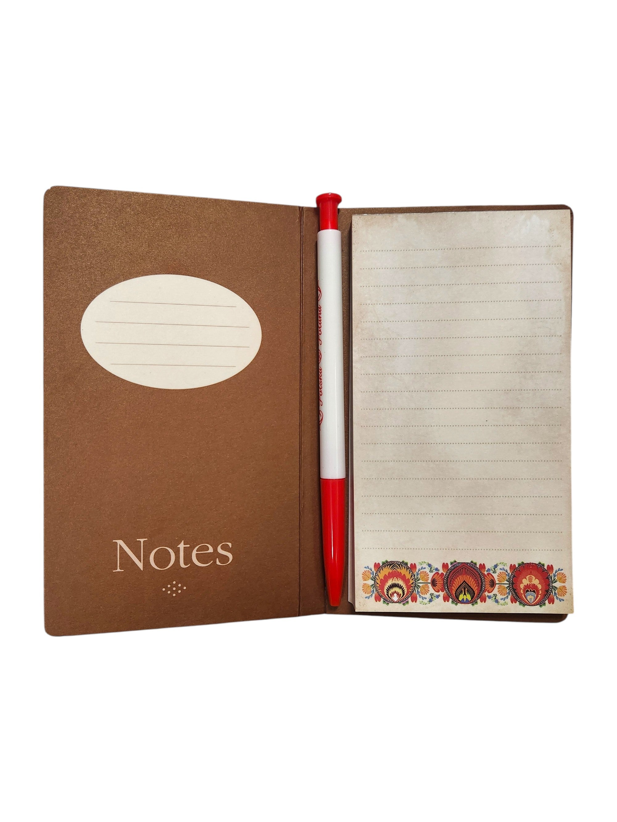 Polish Folk Art Notepad with Pen (Roosters Stripes)