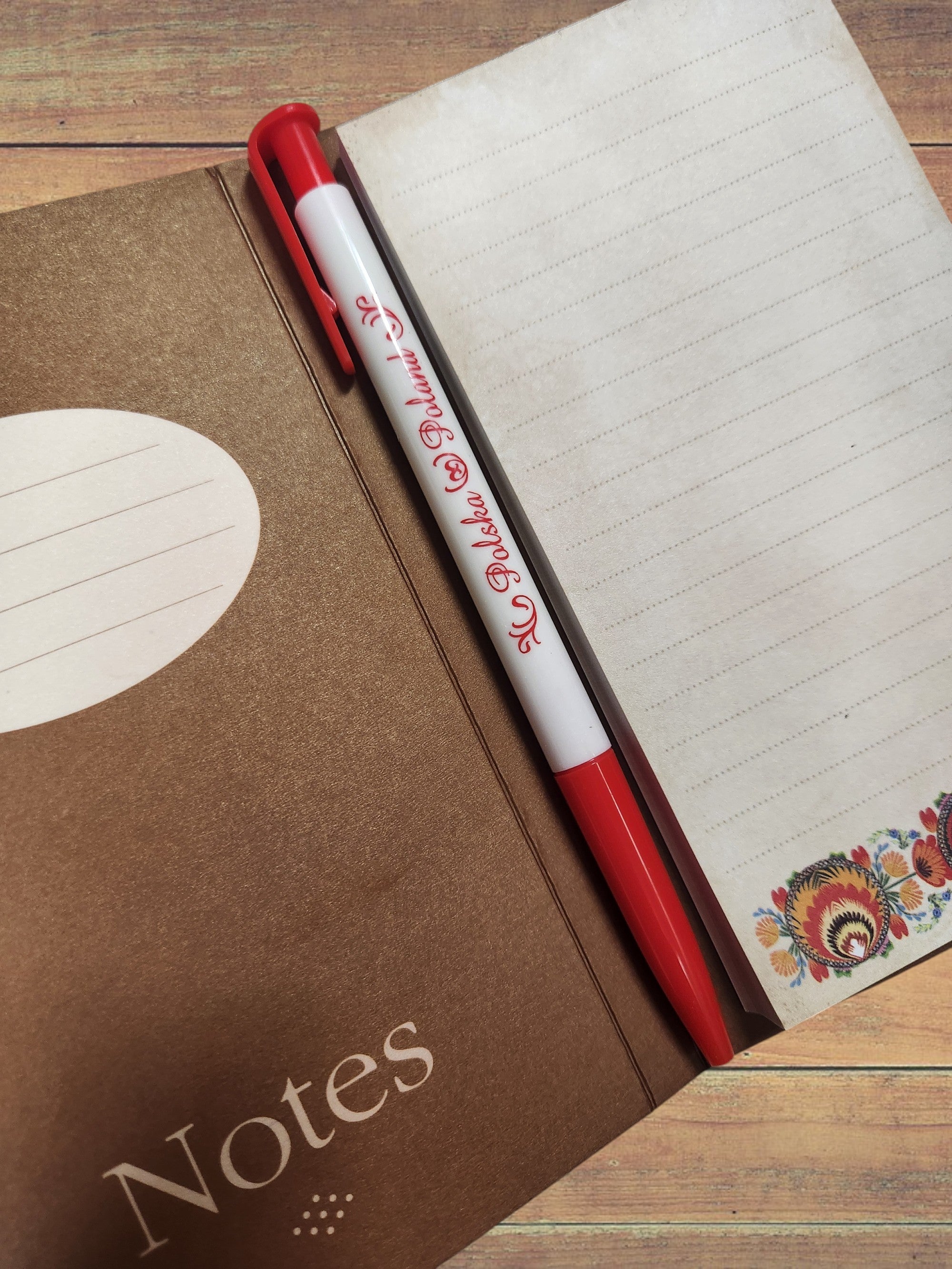 Polish Folk Art Notepad with Pen (Roosters Stripes)