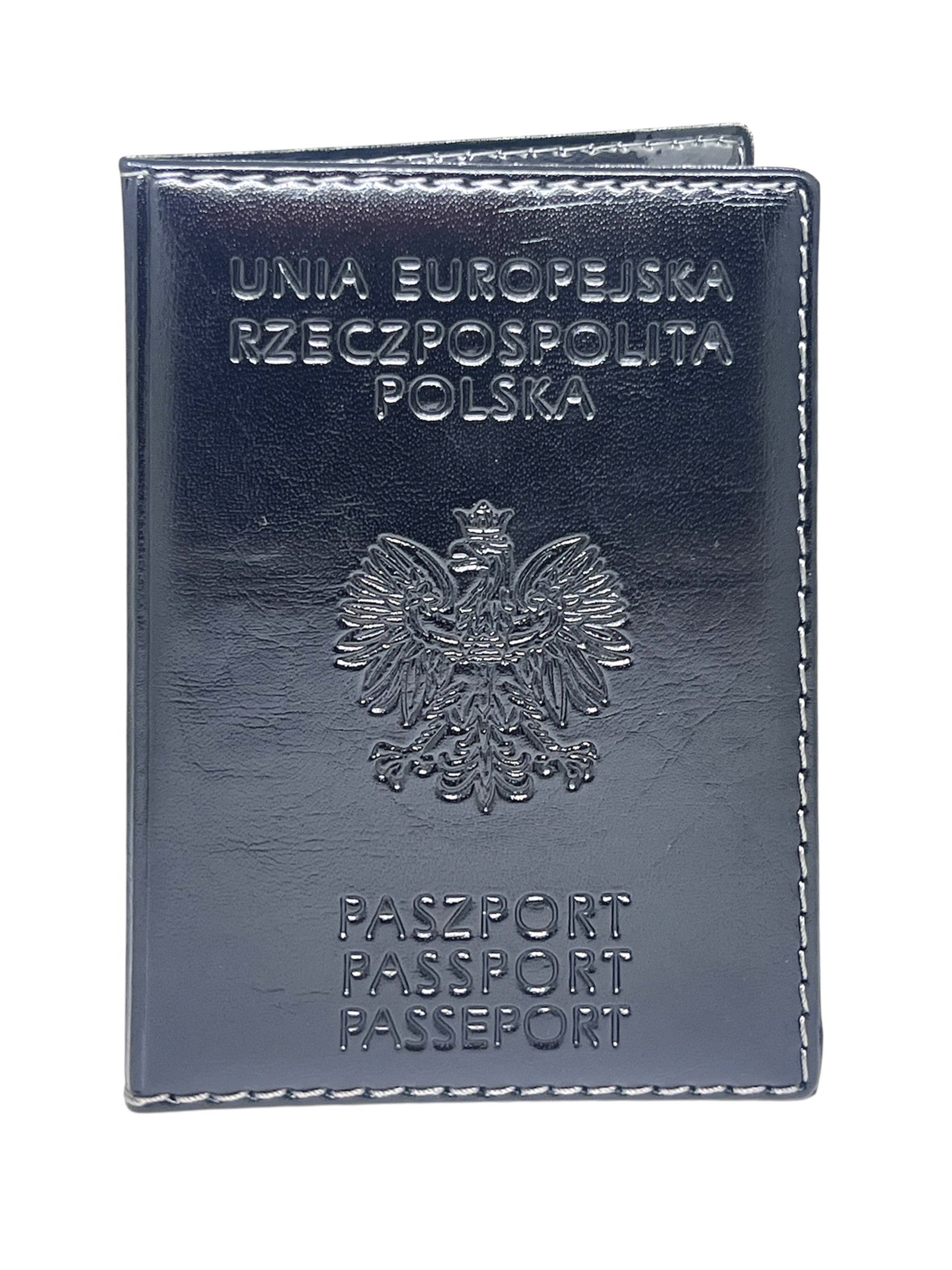 Leather Passport Holder Wallet Embossed with Polish Eagle (Black)