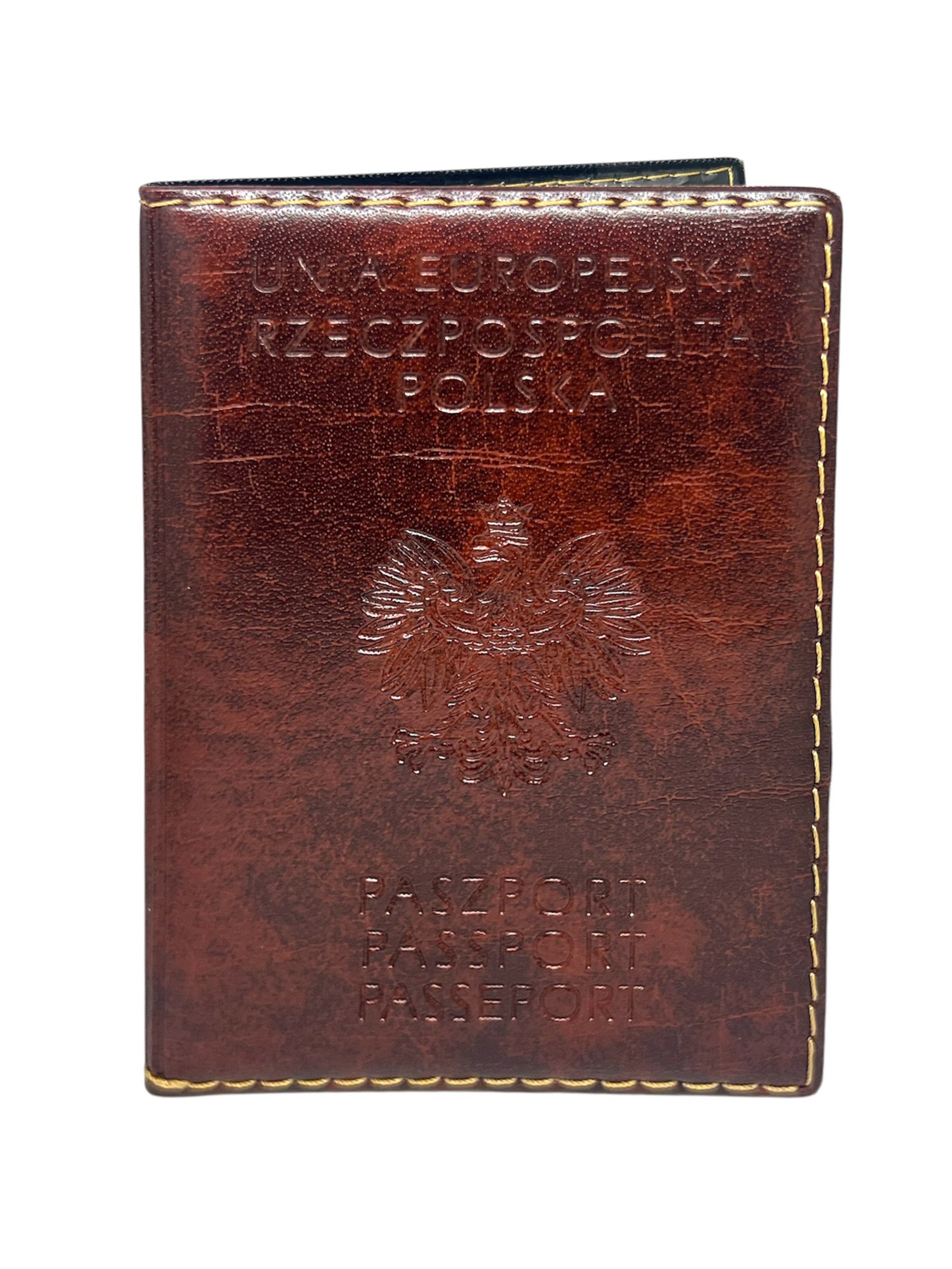 Leather Passport Holder Wallet Embossed with Polish Eagle (Brown)