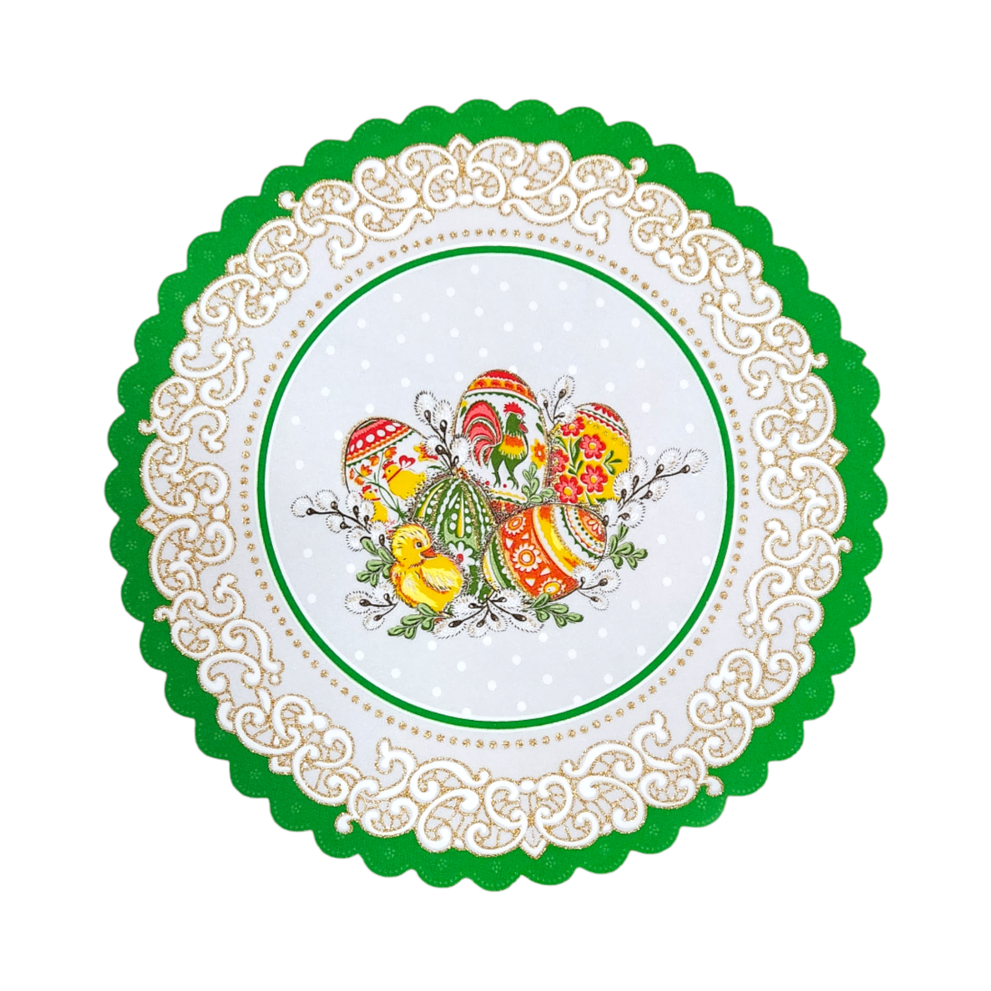 Polish Folk Easter Eggs with Chicks & Rooster Round Doily 13.5"x13.5"