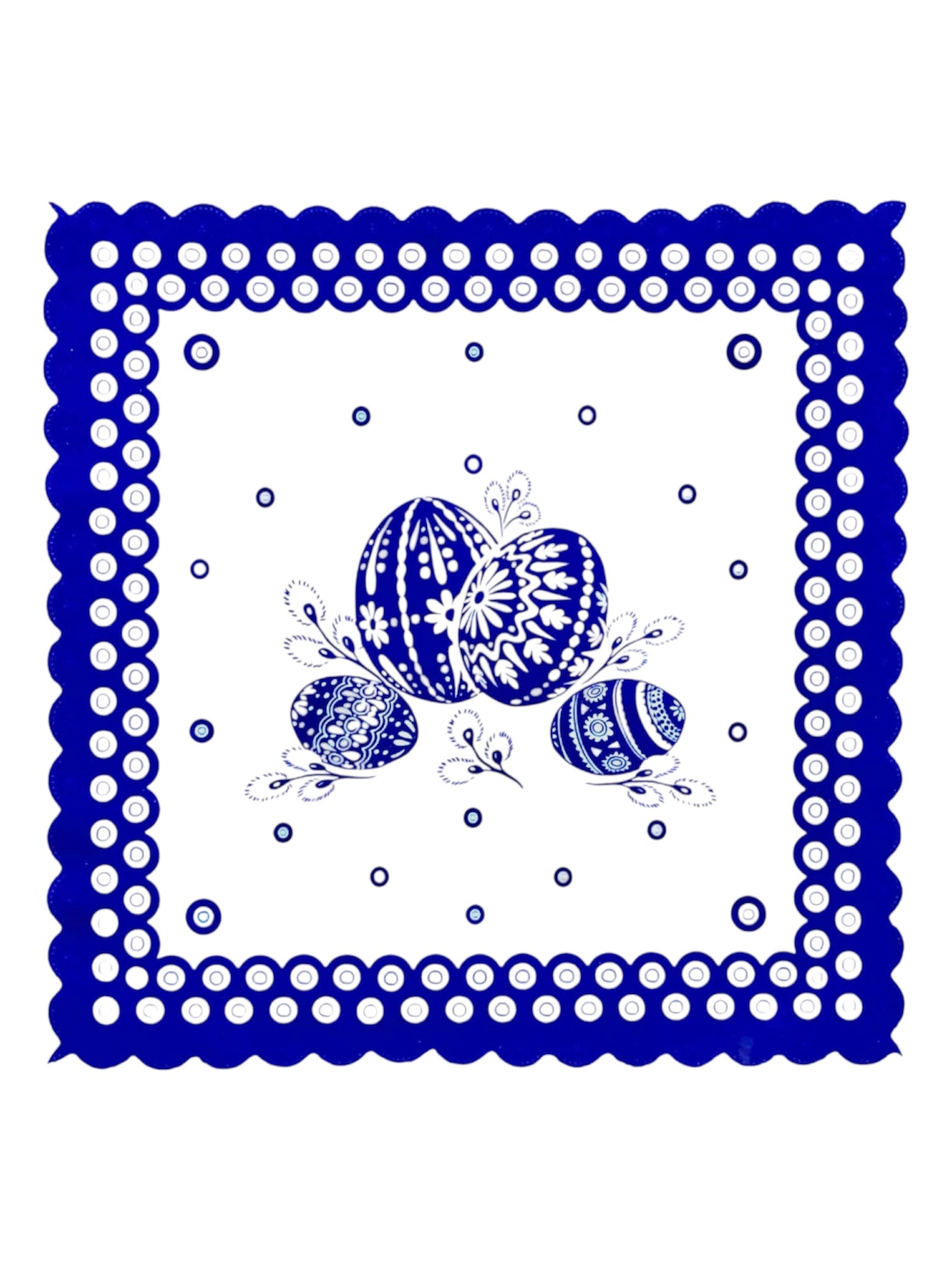 Blue Dot Polish Pottery Easter Eggs Square Doily with Scalloped Edges 13.5"