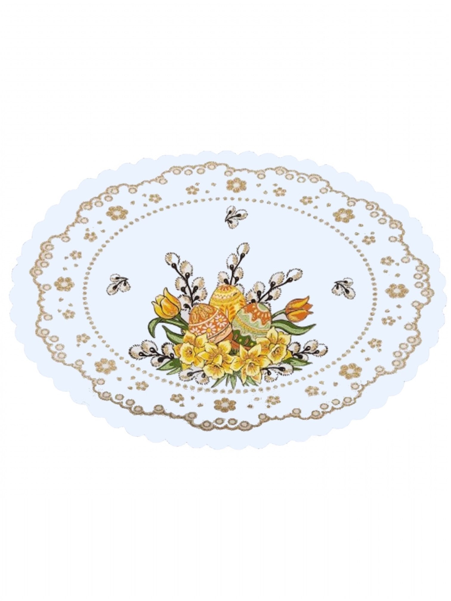 Polish Traditional Easter Eggs with Pussy Willows Oval Doily 18.5"x12.5" (White)